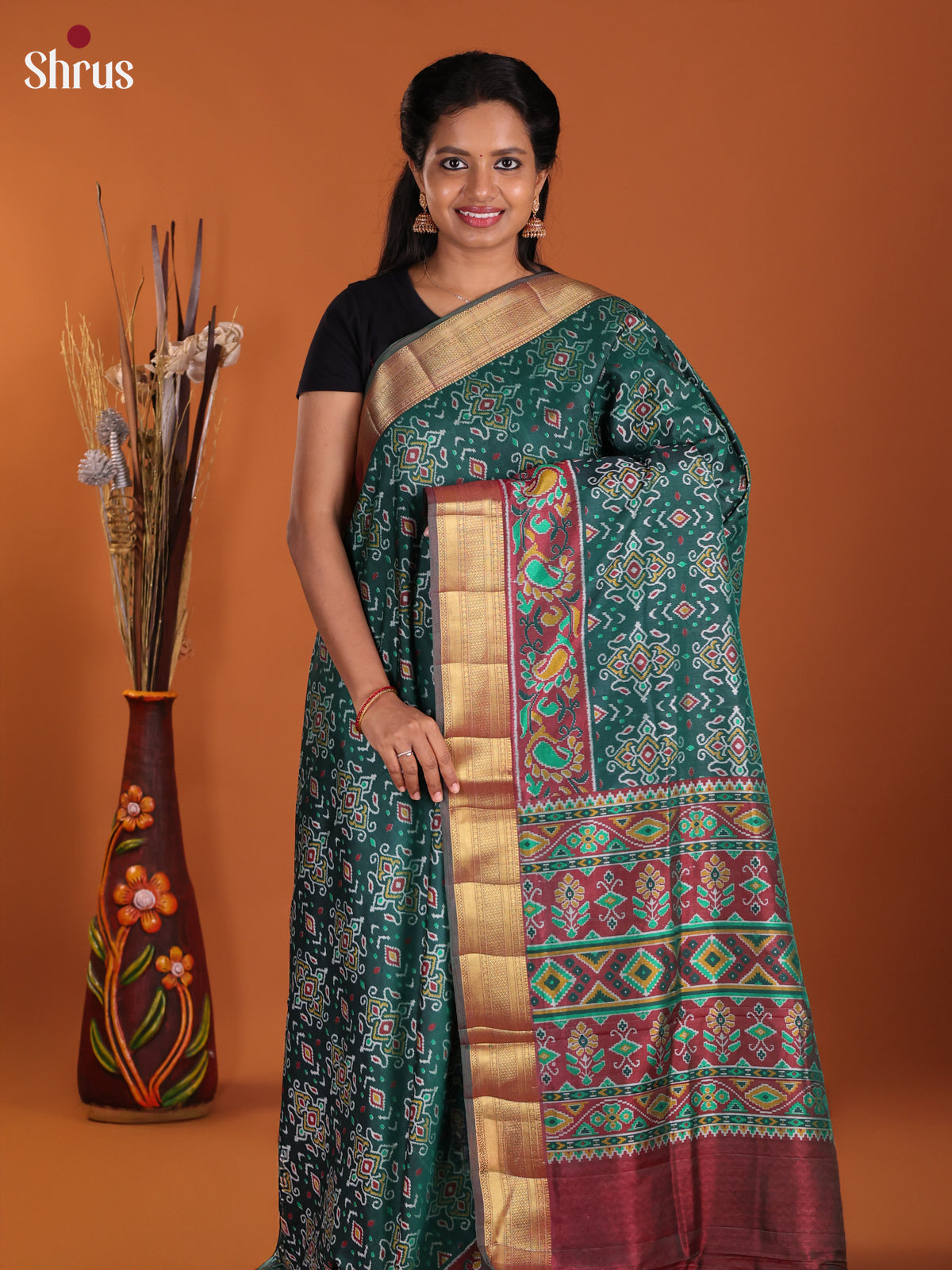 Green & Maroon- Semi Patola Saree