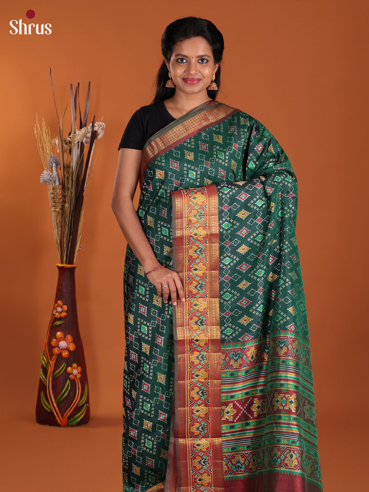 Green & Brown - Semi Patola Saree