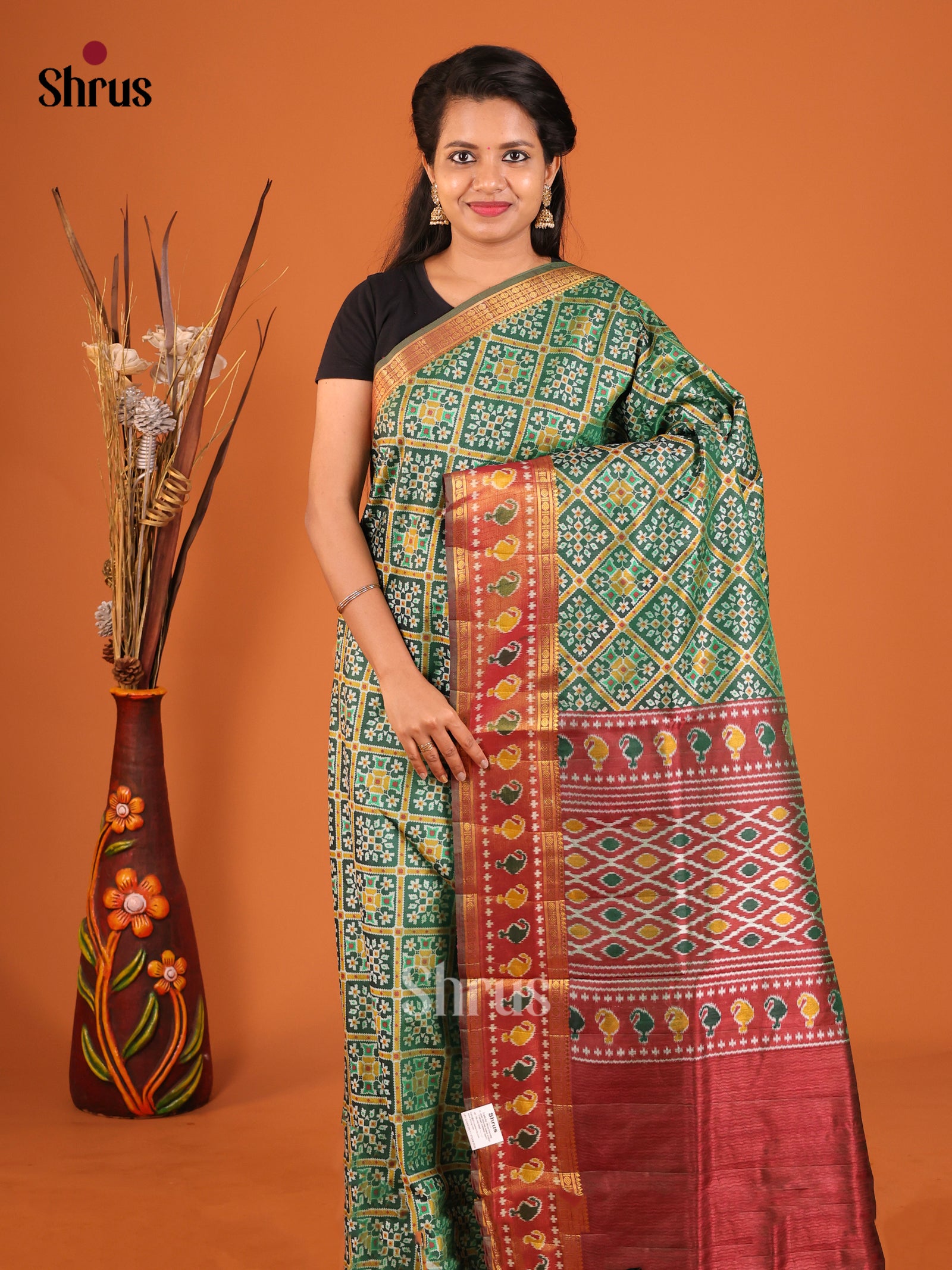 Green & Maroon - Semi Patola Saree