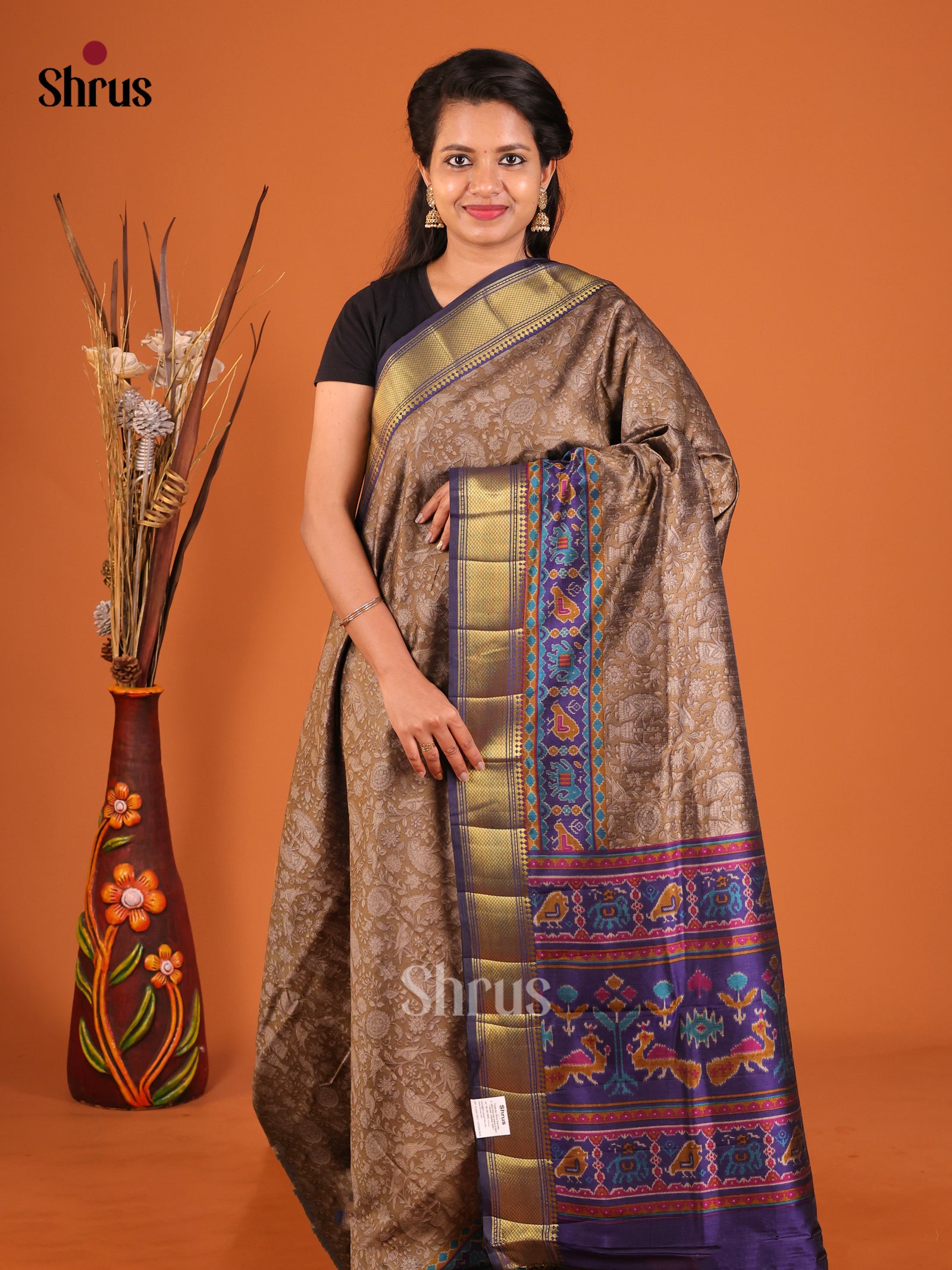 Light Brown & Blue - Semi Patola Saree