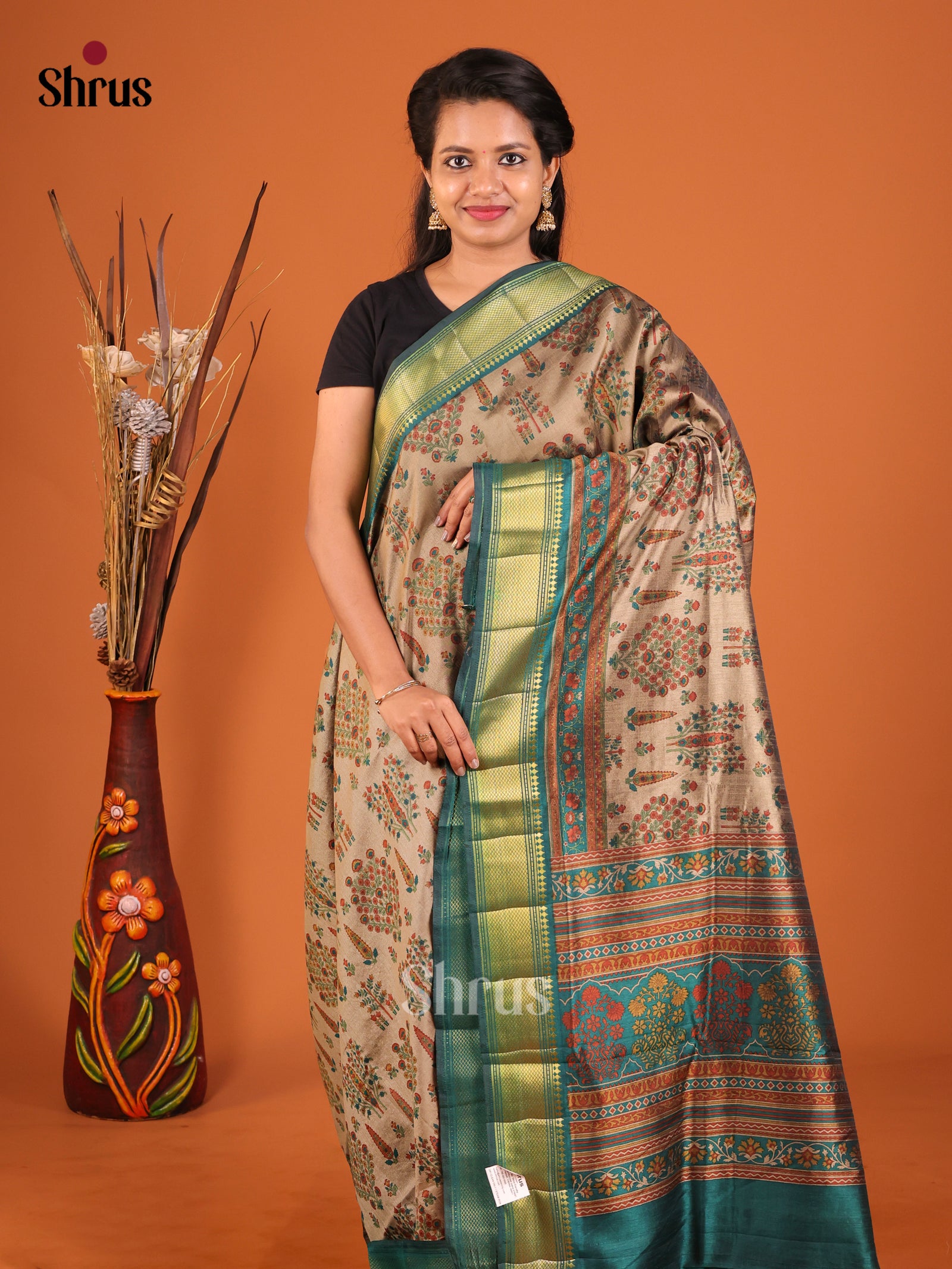 Light Brown & Green - Semi Patola Saree