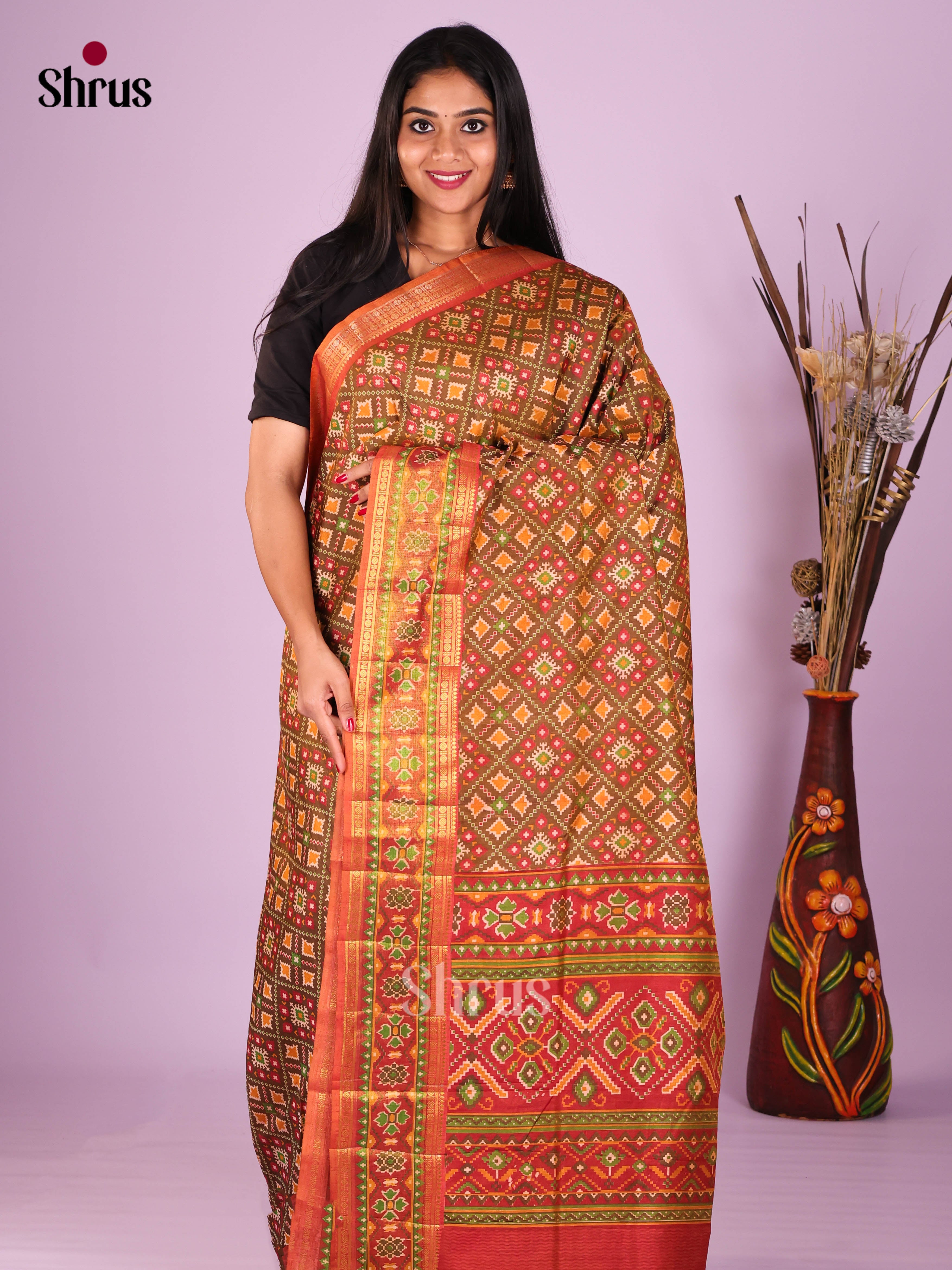 Orange & Green - Semi Patola Saree