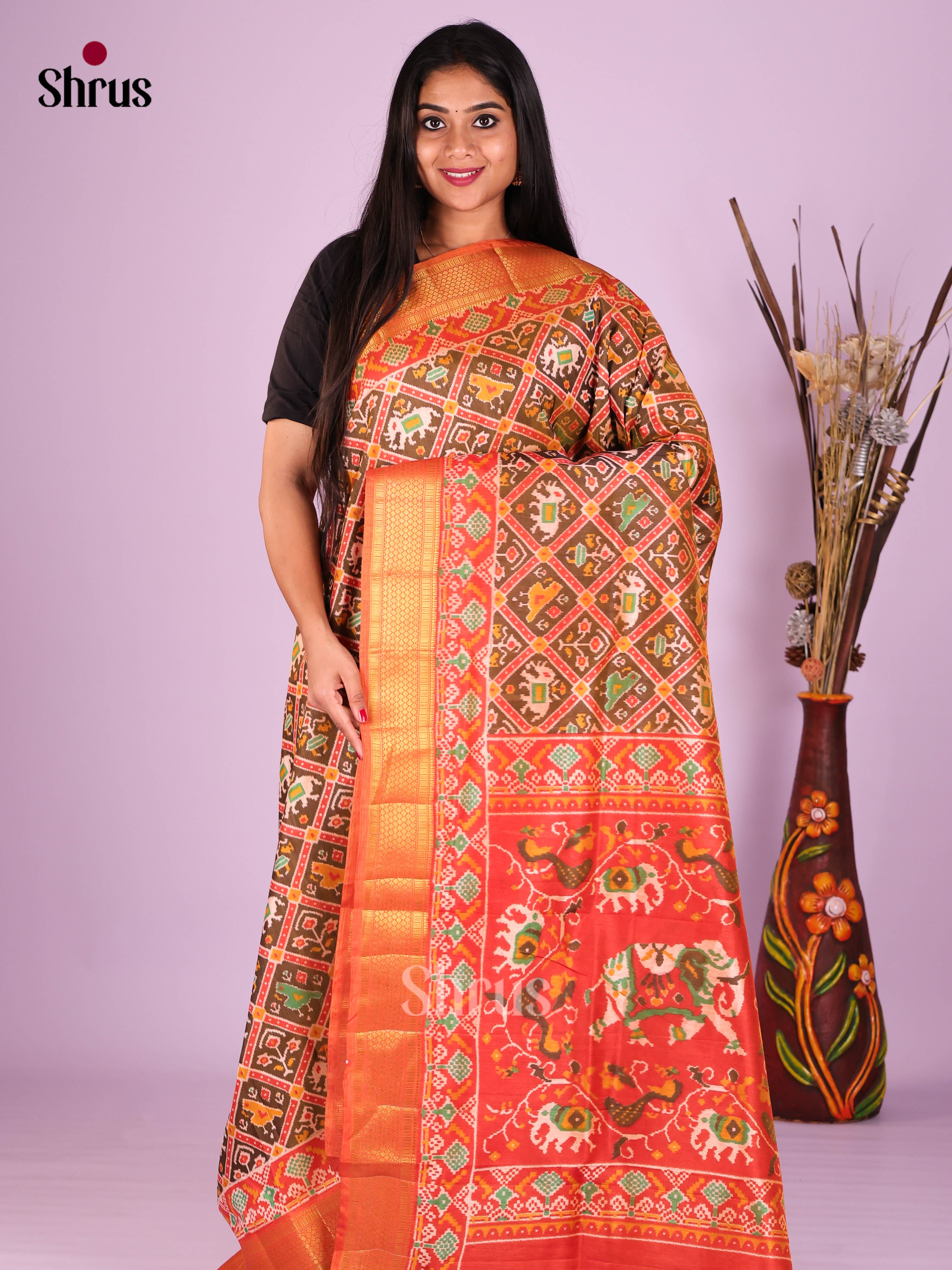 Dark Mustard & Brick - Semi Patola Saree