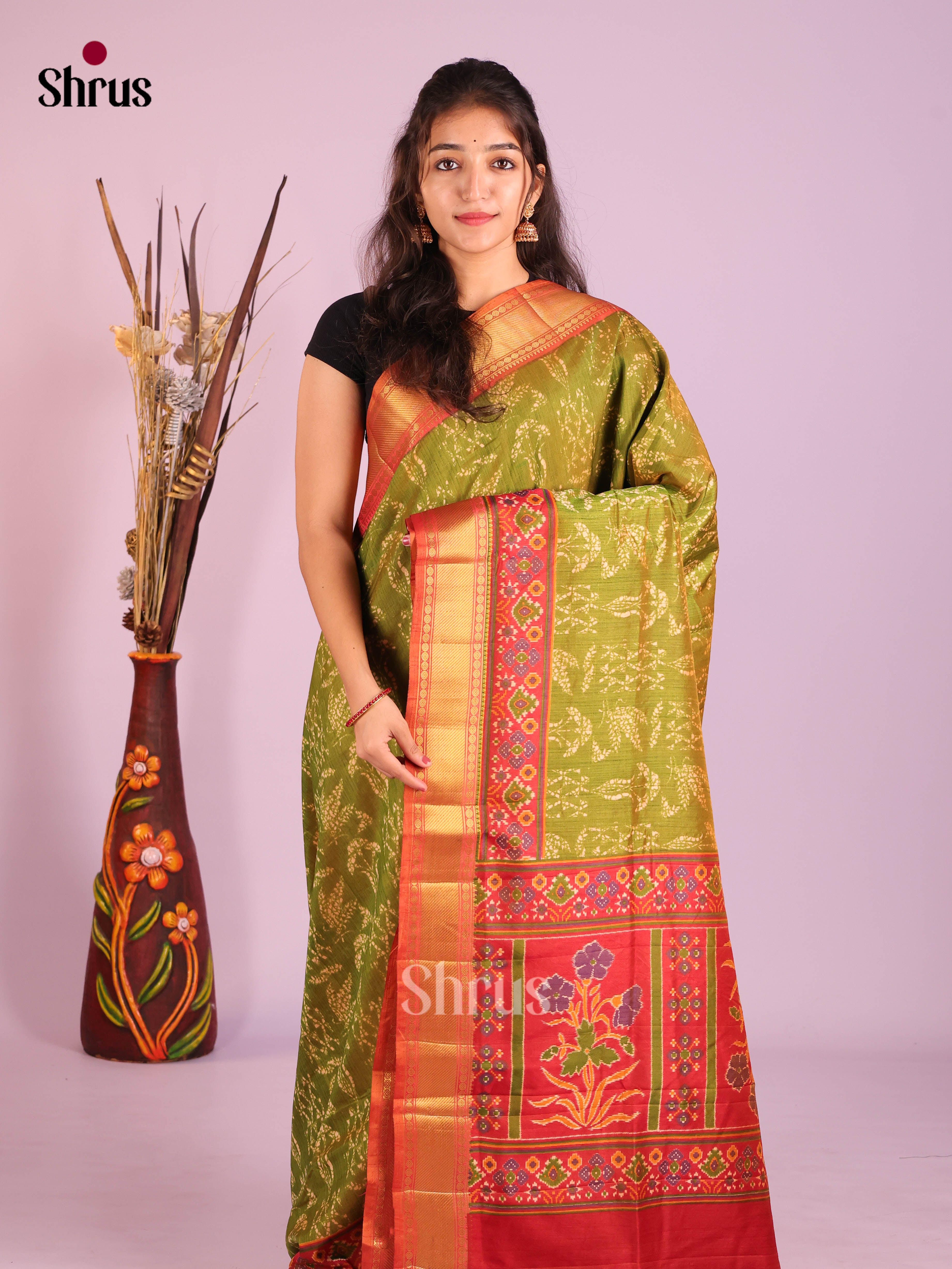 Green & Maroon- Semi Patola Saree
