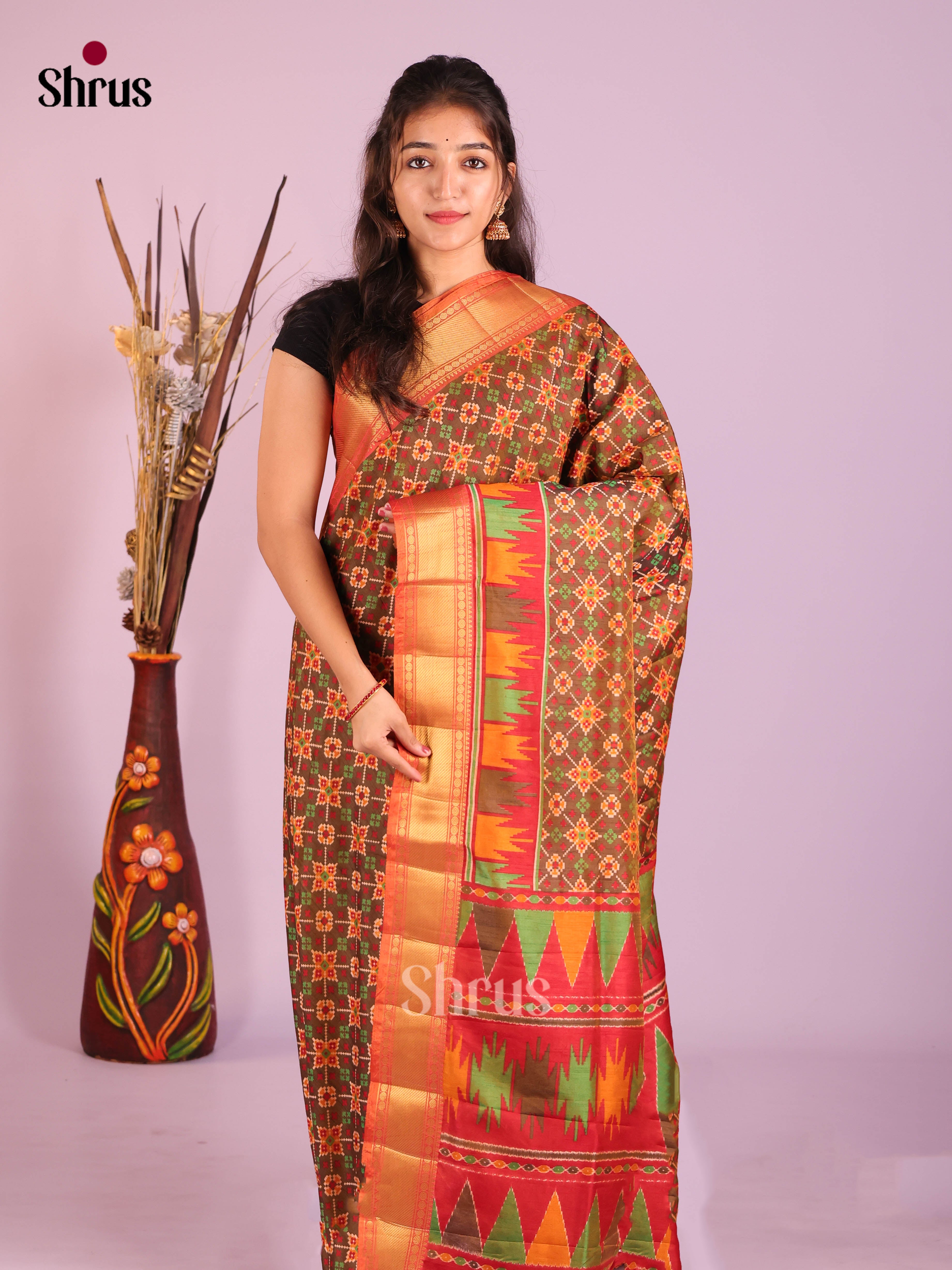 Dark Mustard & Brick- Semi Patola Saree