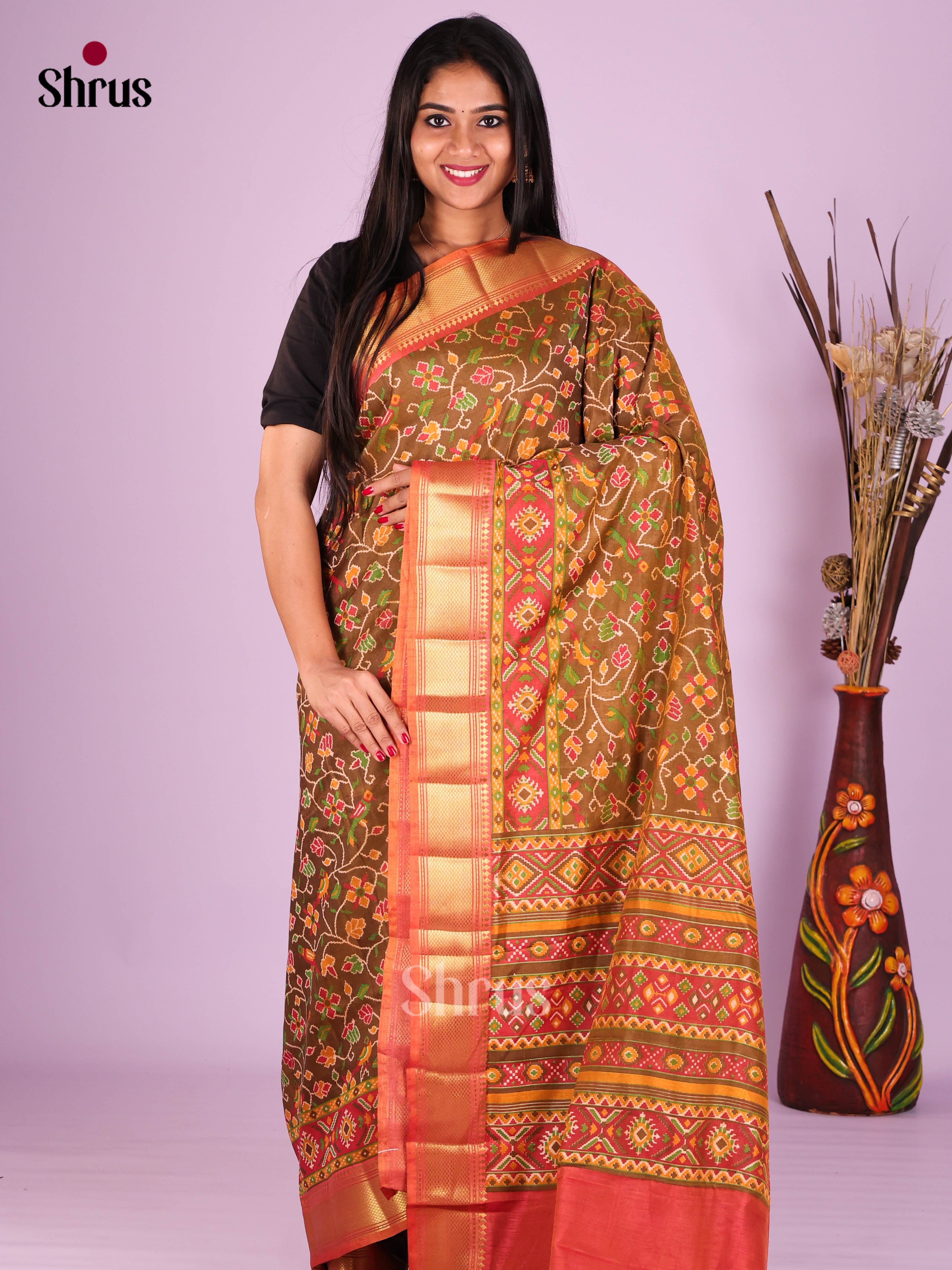 Dark Mustard & Brick - Semi Patola Saree