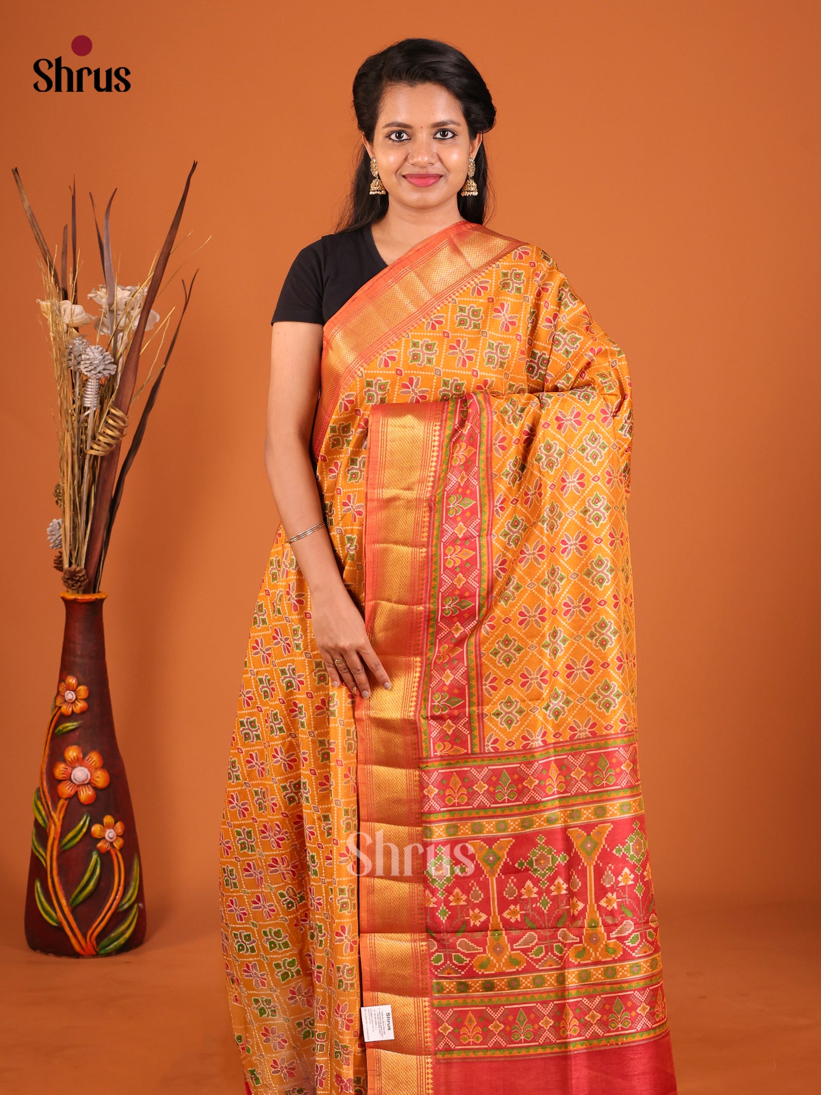Mustard & Maroon - Semi Patola Saree