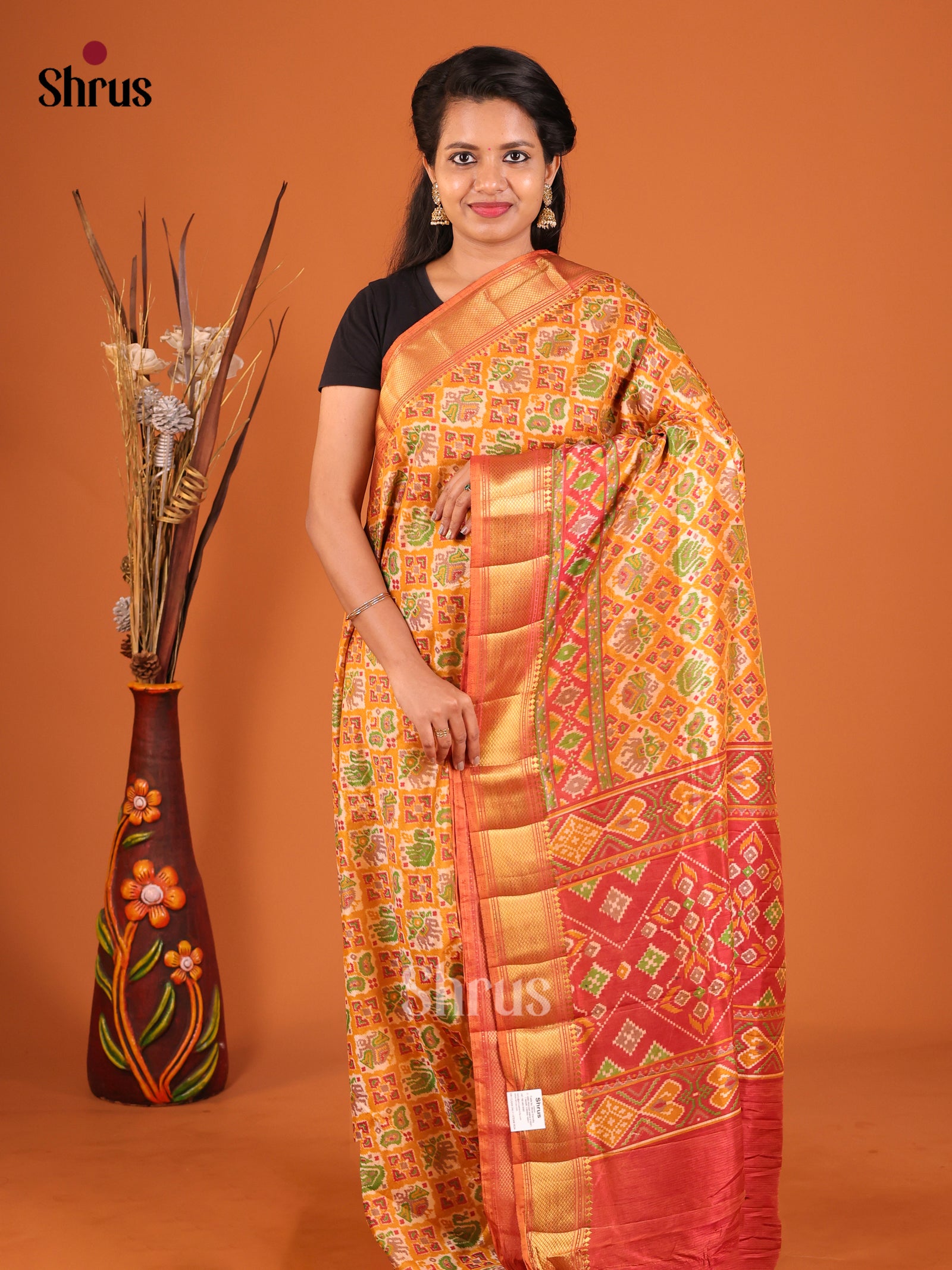 Mustard & Maroon - Semi Patola Saree