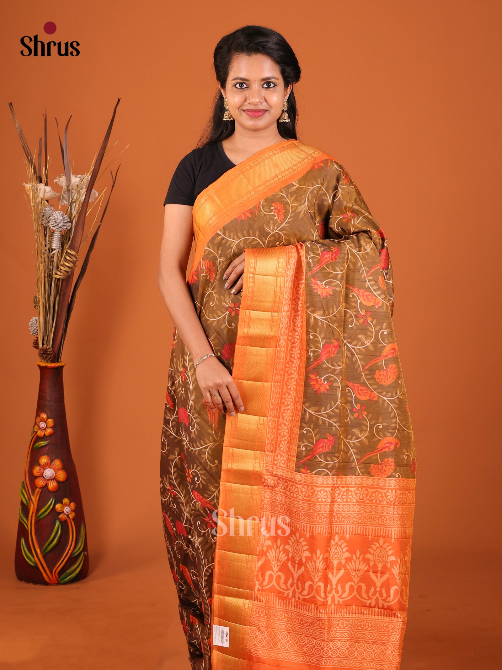 Brown & Orange  - Semi Patola Saree