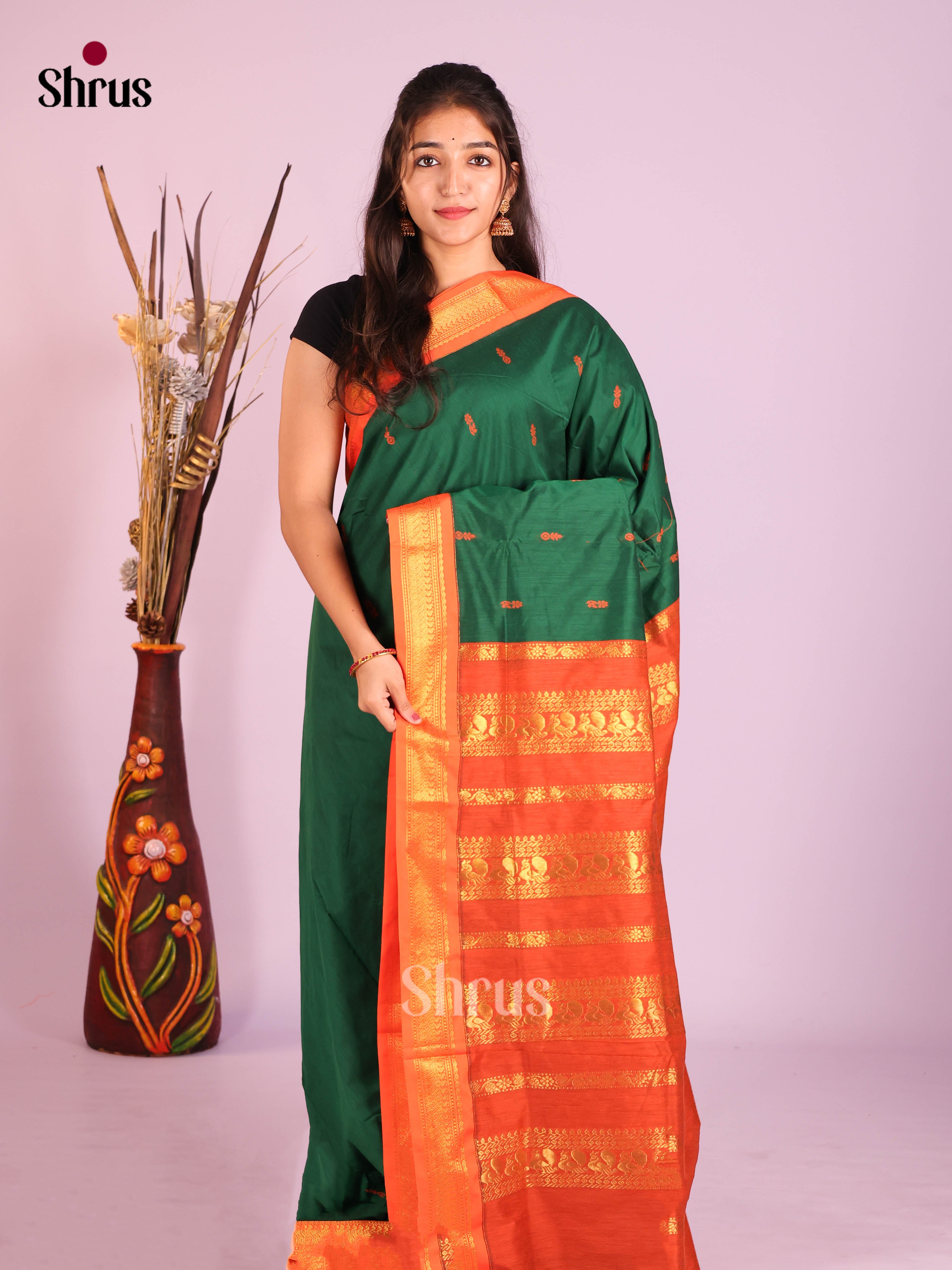 Green & Orange - Kalyani Cotton Saree - Shop on Shrus.com