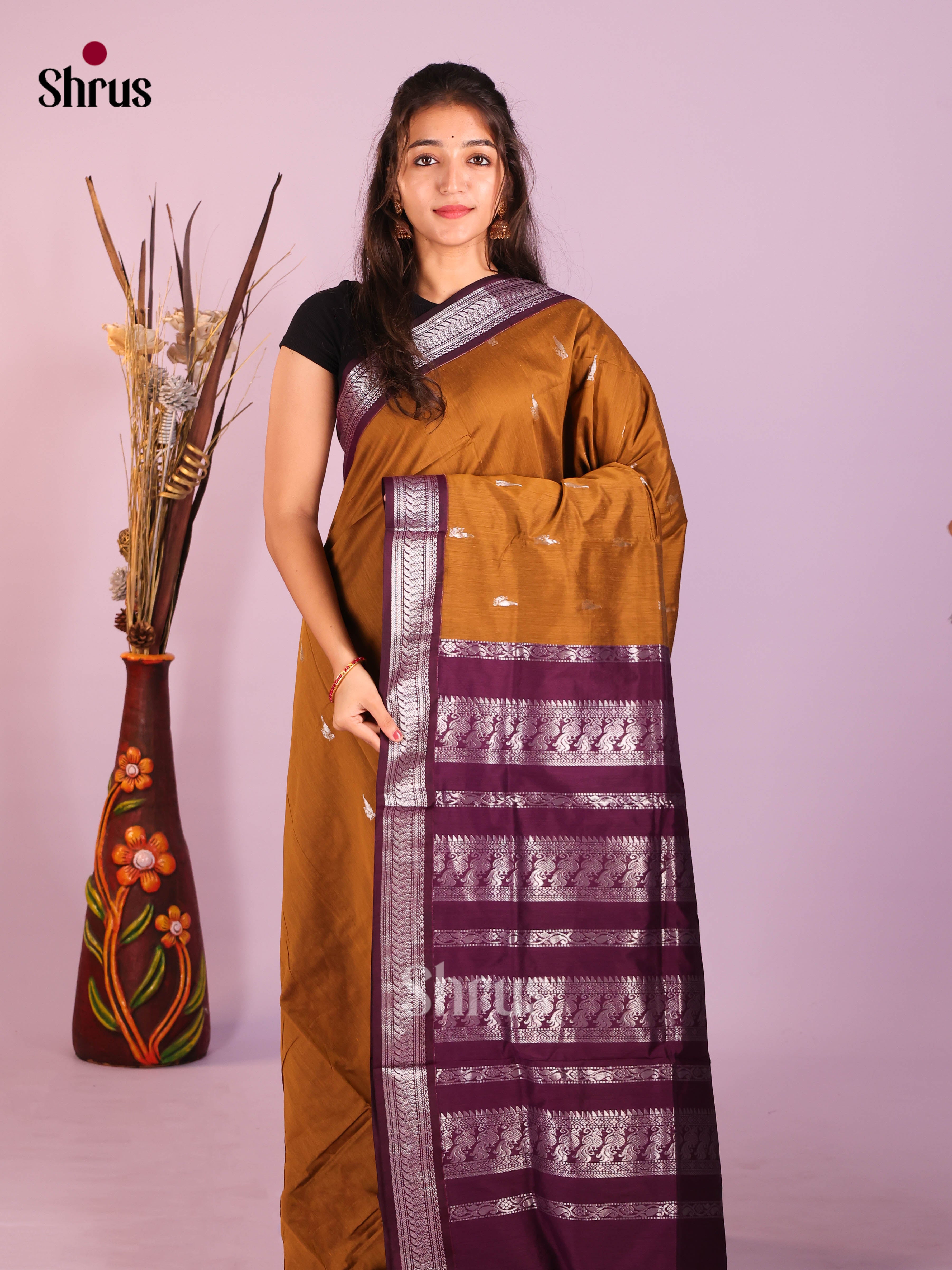 Dark Mustard & Violet - Kalyani Cotton Saree - Shop on Shrus.com