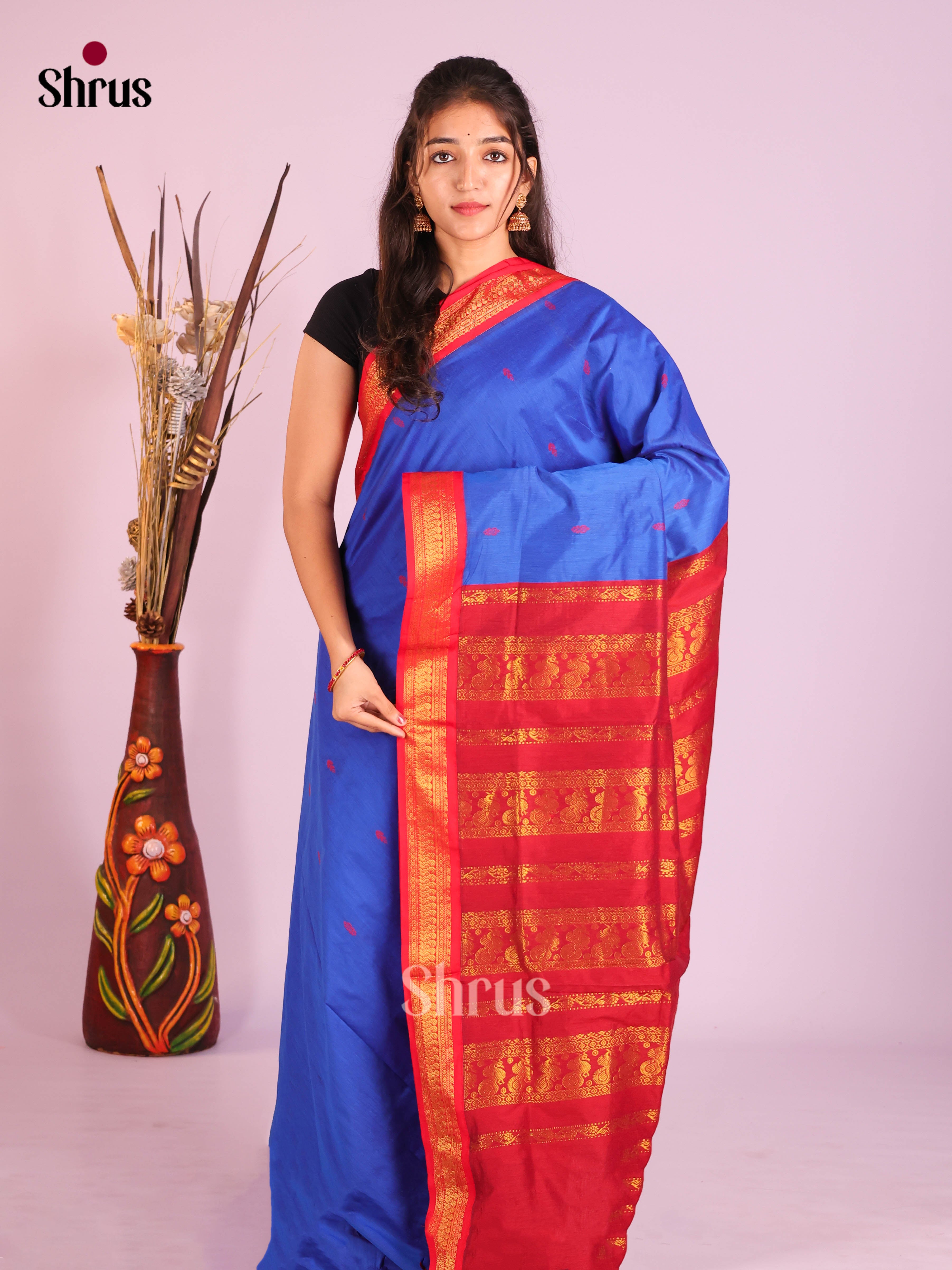 Blue & Red - Kalyani Cotton Saree