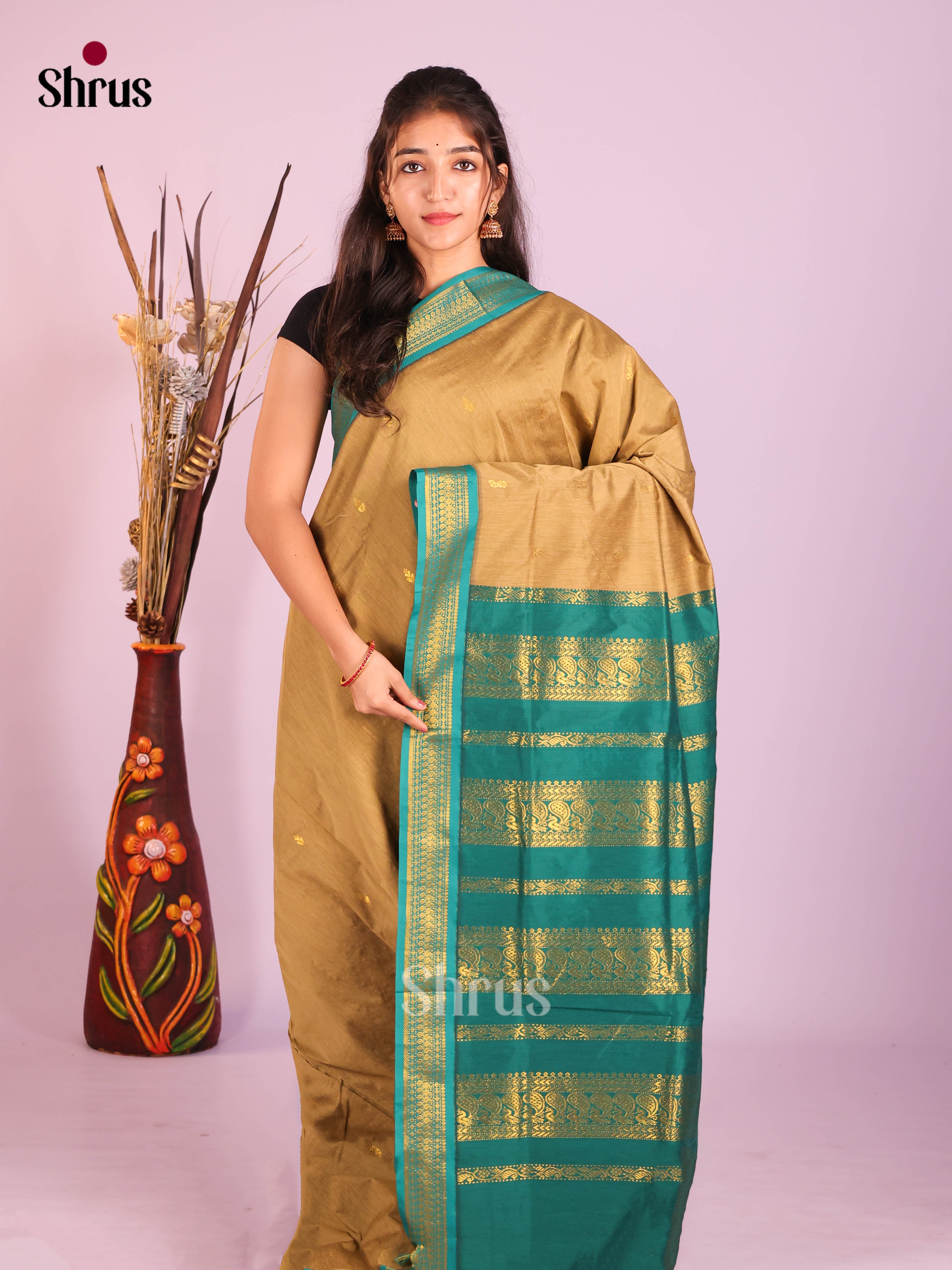Light Brown & Green - Kalyani Cotton Saree - Shop on Shrus.com