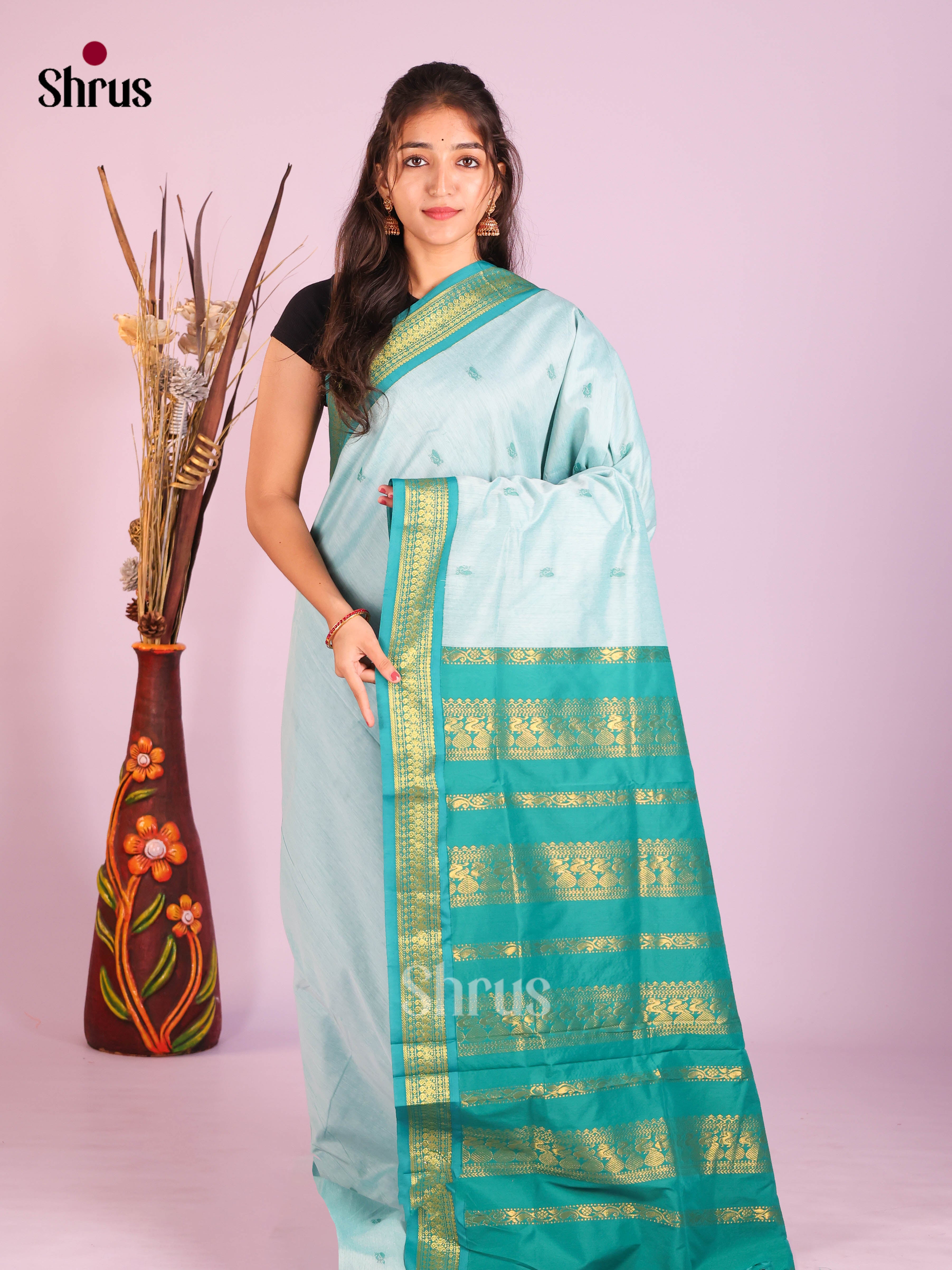 Pastel Blue & teal- Kalyani Cotton Saree - Shop on Shrus.com