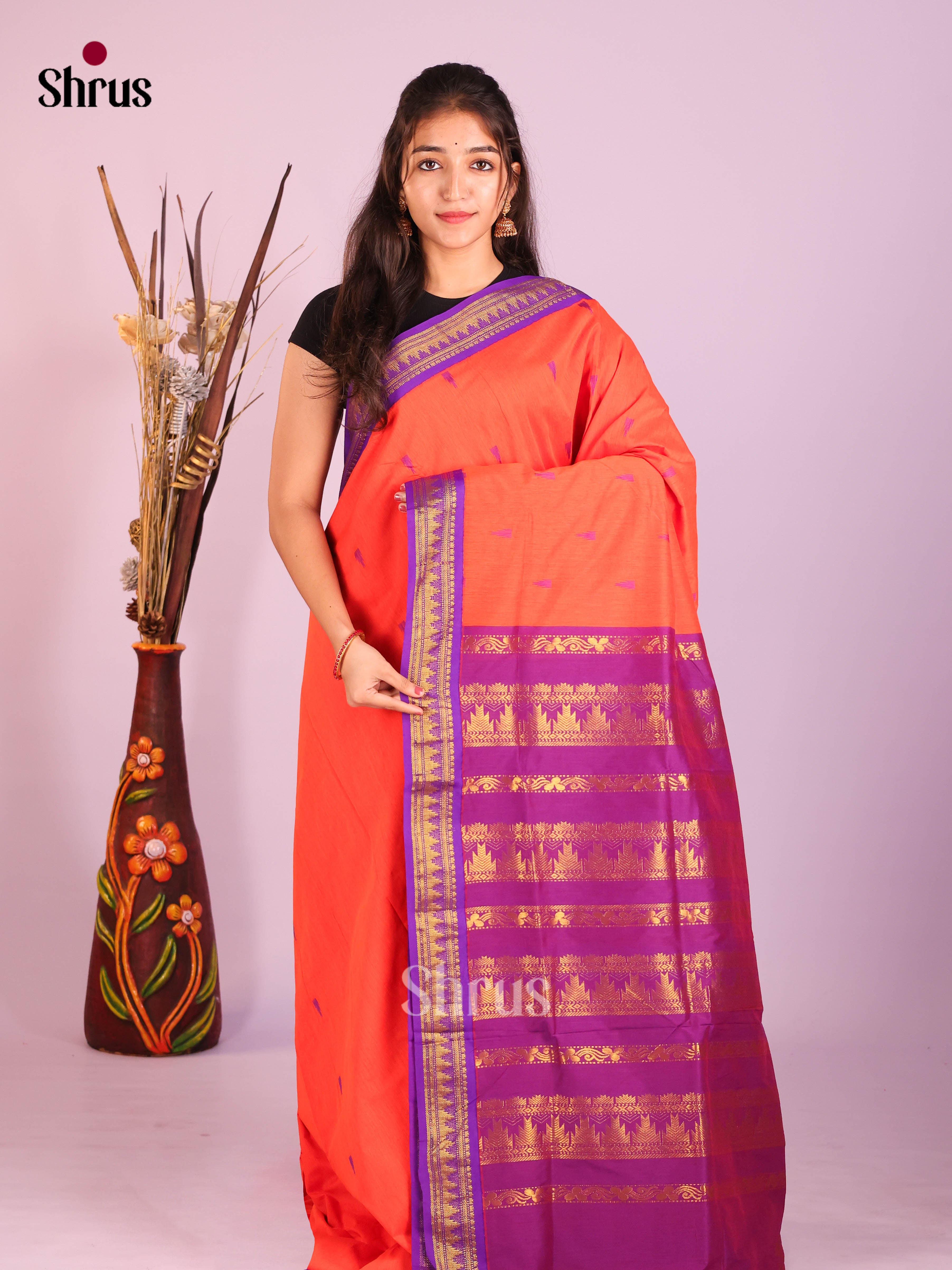 Orange & Purple- Kalyani Cotton Saree - Shop on Shrus.com