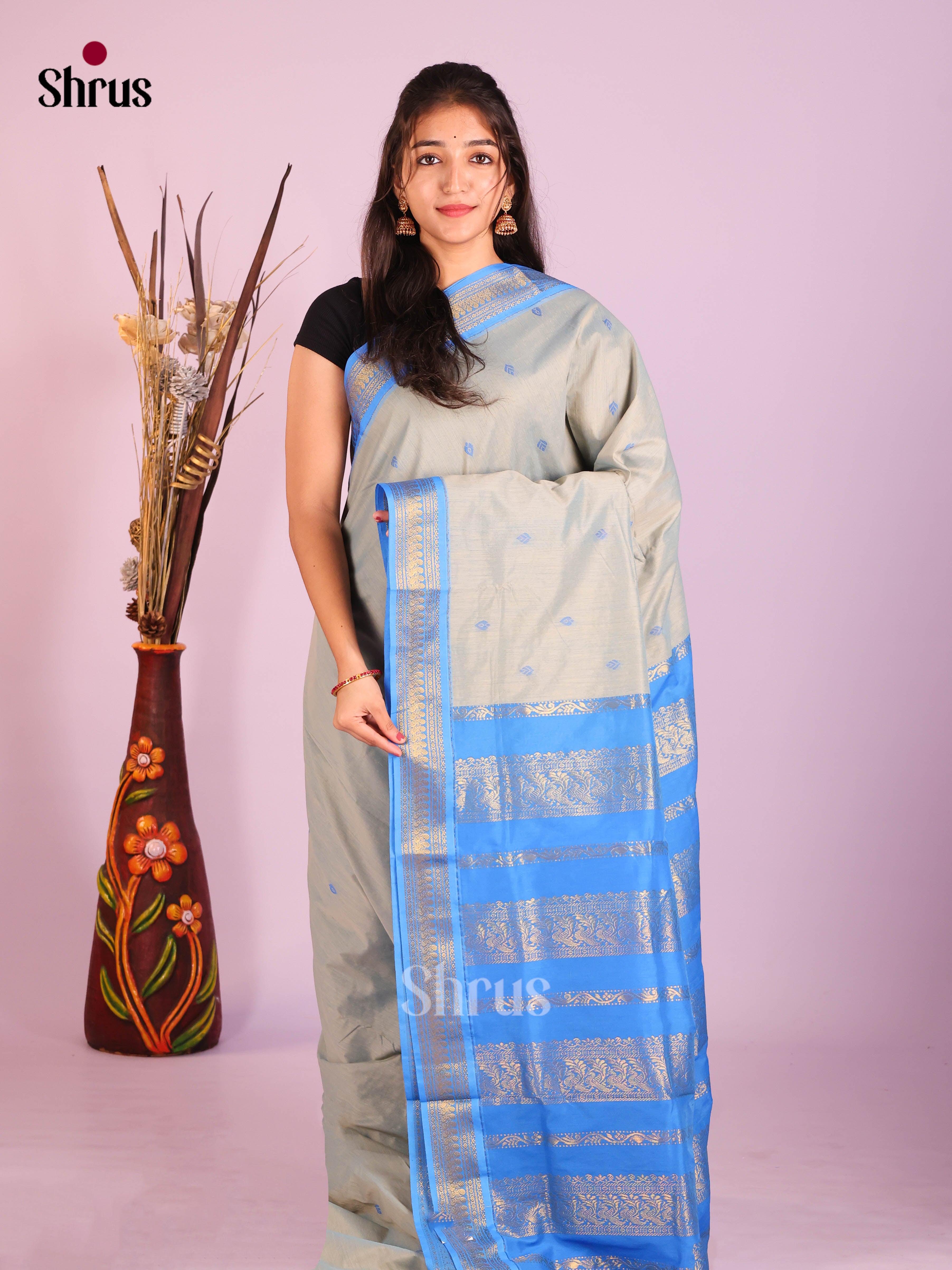Grey & Blue- Kalyani Cotton Saree - Shop on Shrus.com