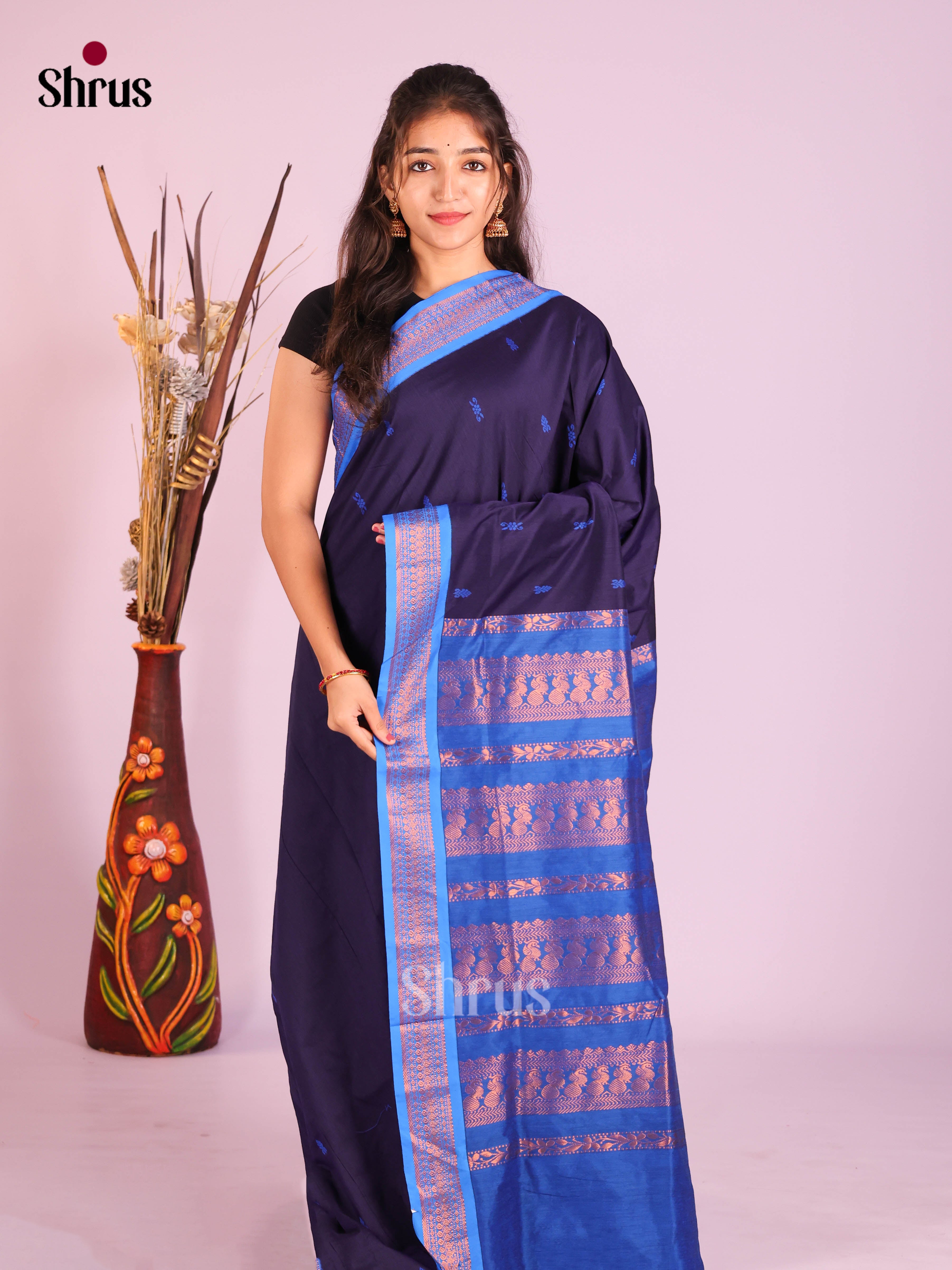 Navy Blue & Blue - Kalyani Cotton Saree - Shop on Shrus.com