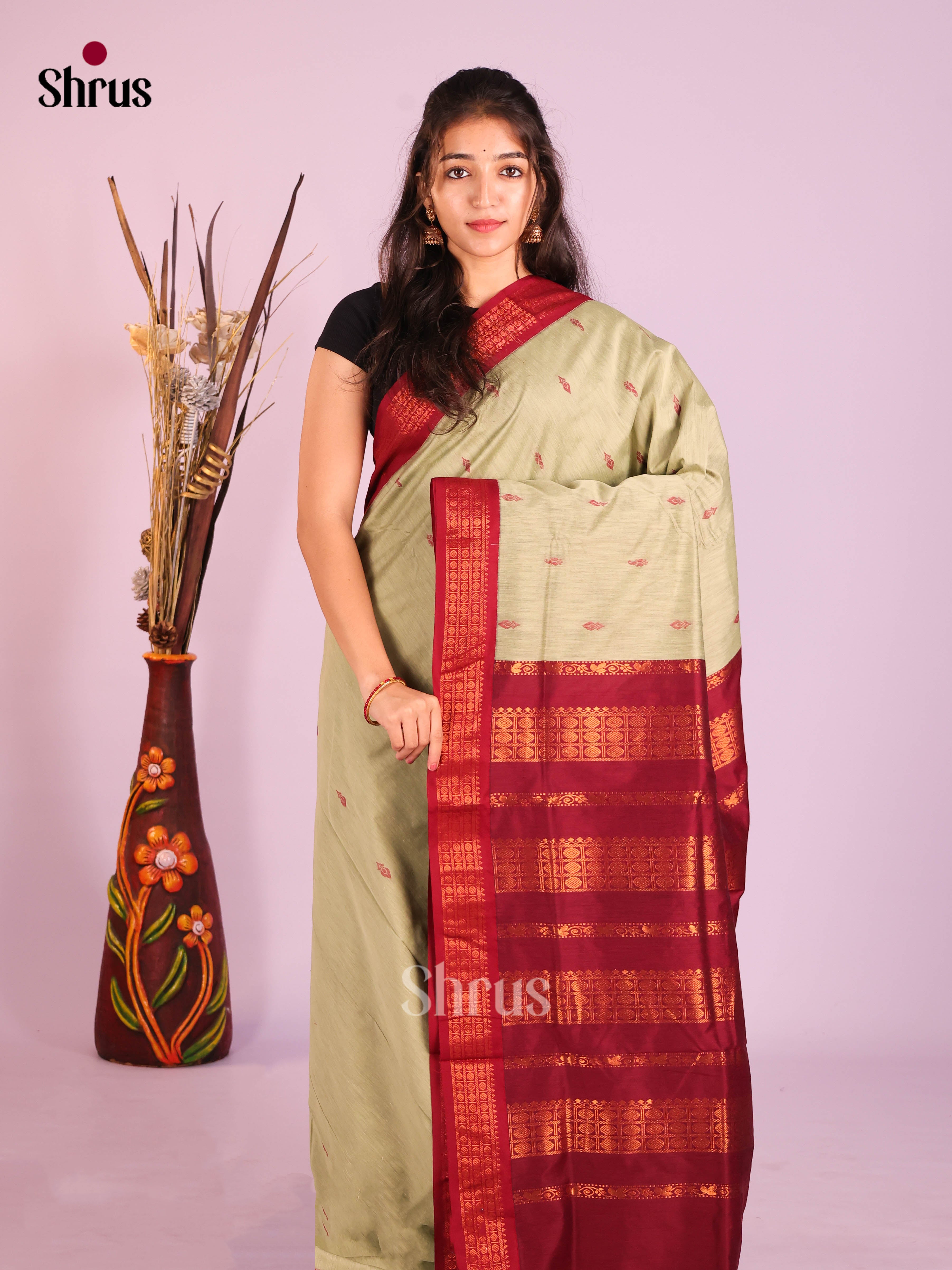 Grey & Maroon - Kalyani Cotton Saree - Shop on Shrus.com