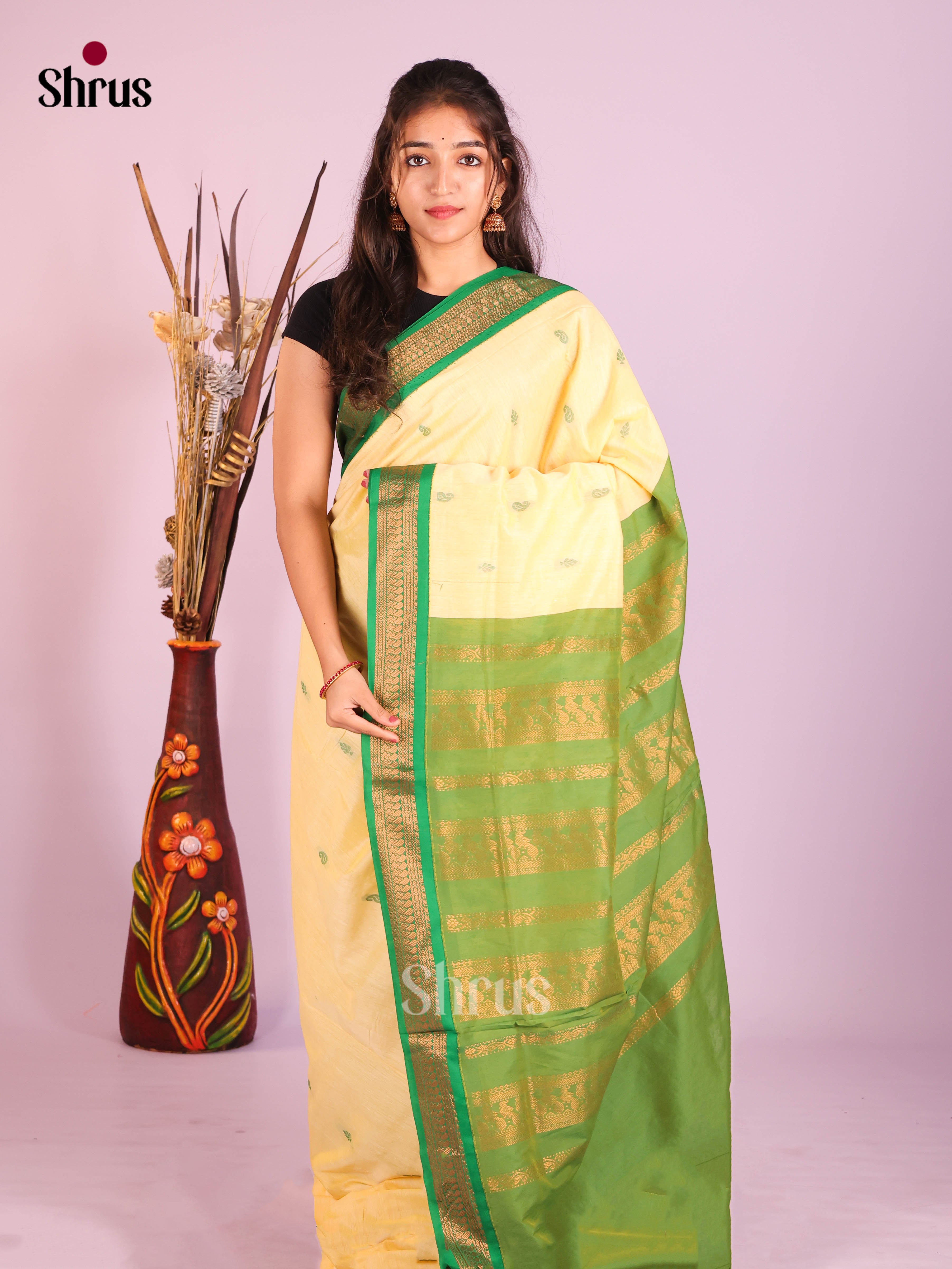 Cream & Green - Kalyani Cotton Saree