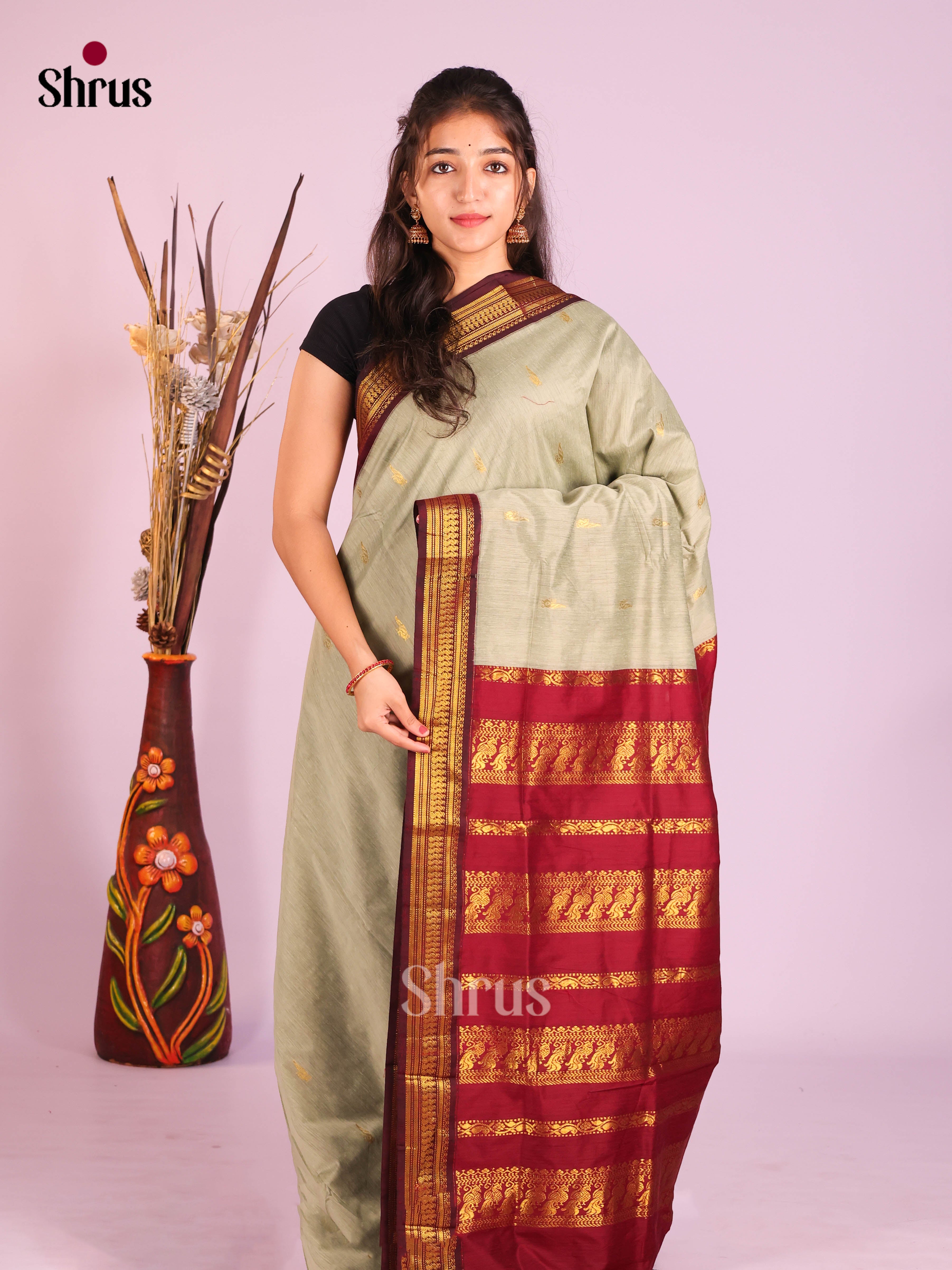 Grey & Maroon  - Kalyani Cotton Saree - Shop on Shrus.com