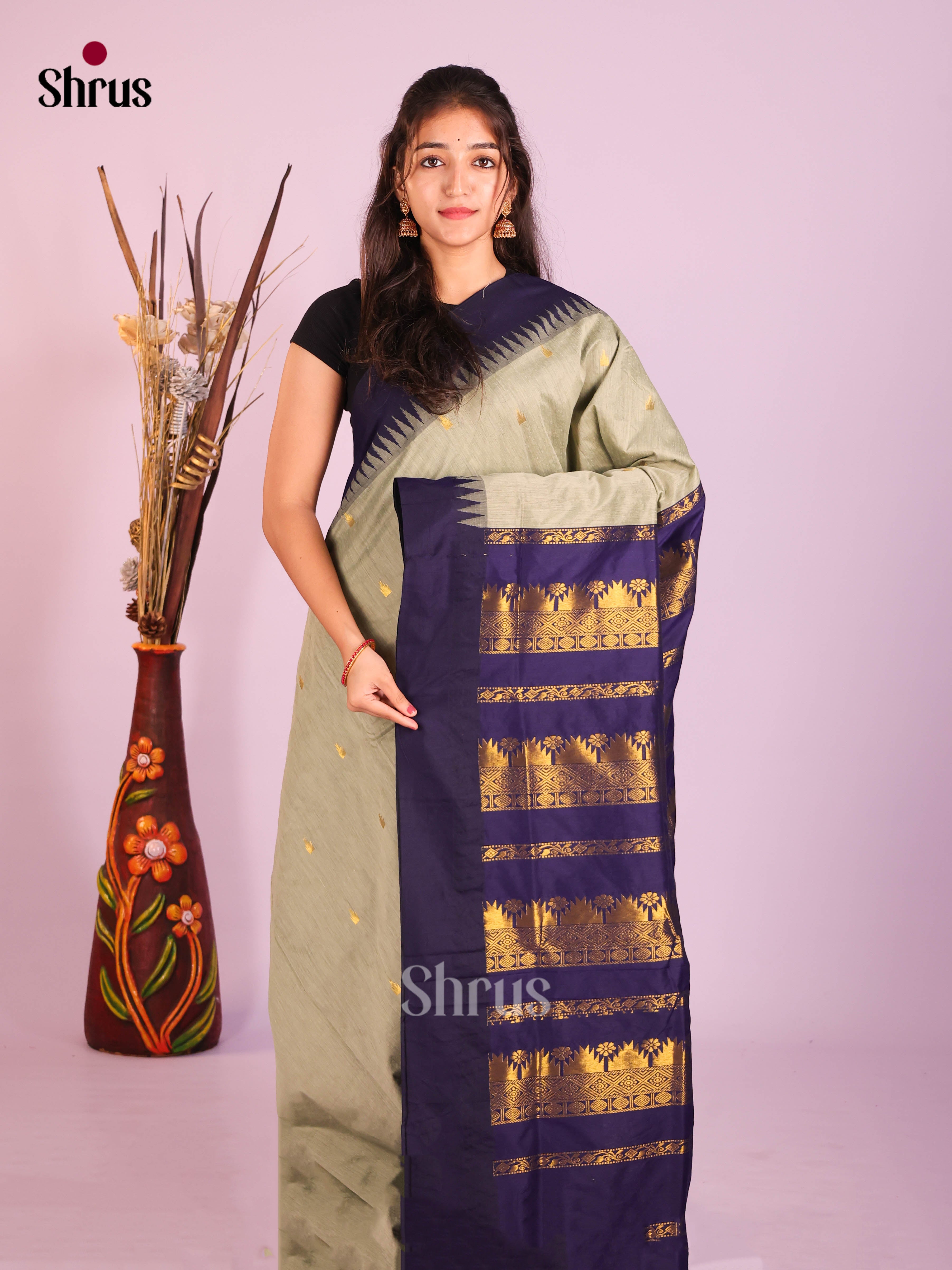 Grey & Blue - Kalyani Cotton Saree - Shop on Shrus.com
