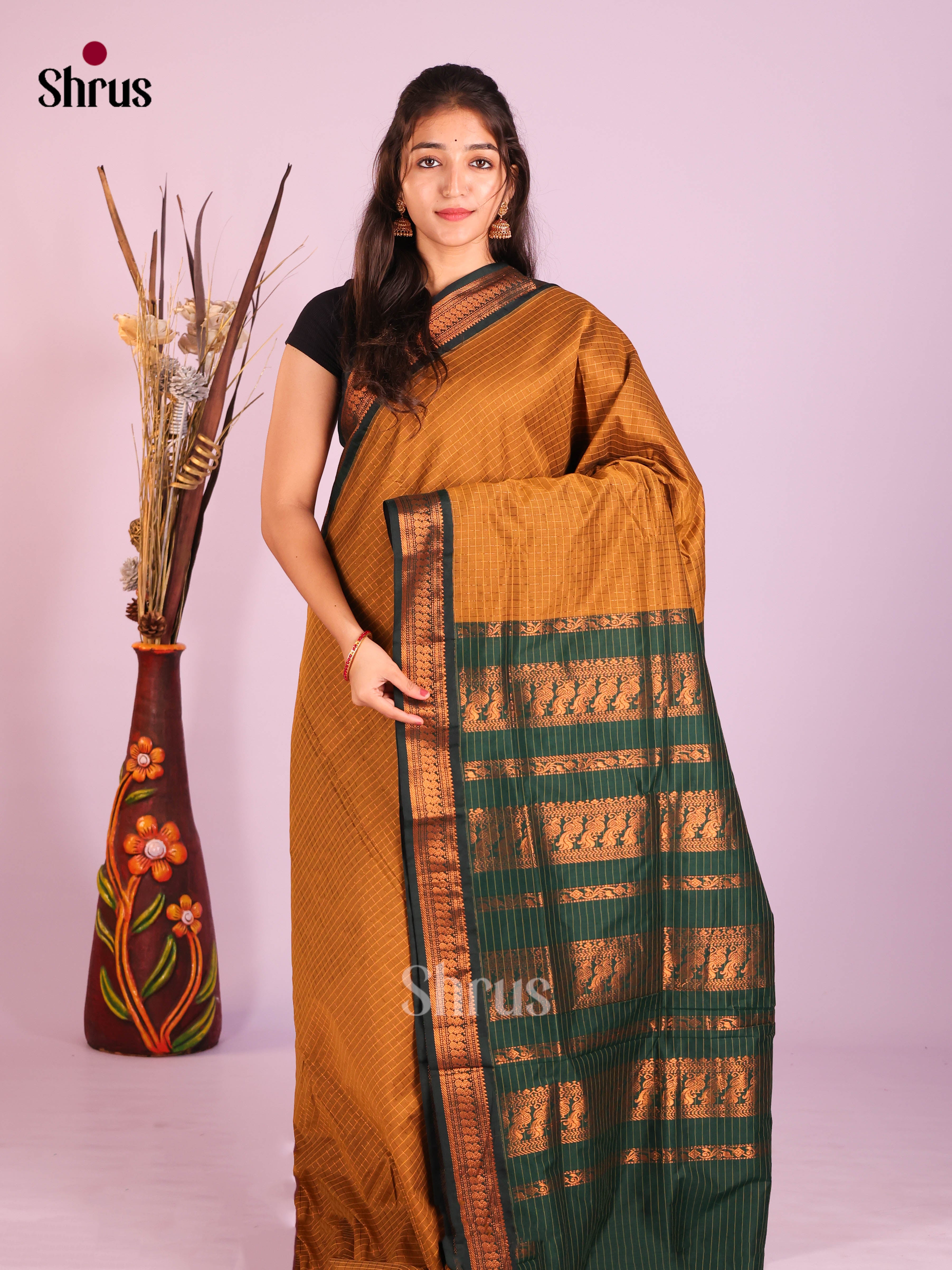 Mustard & Green - Kalyani Cotton Saree - Shop on Shrus.com