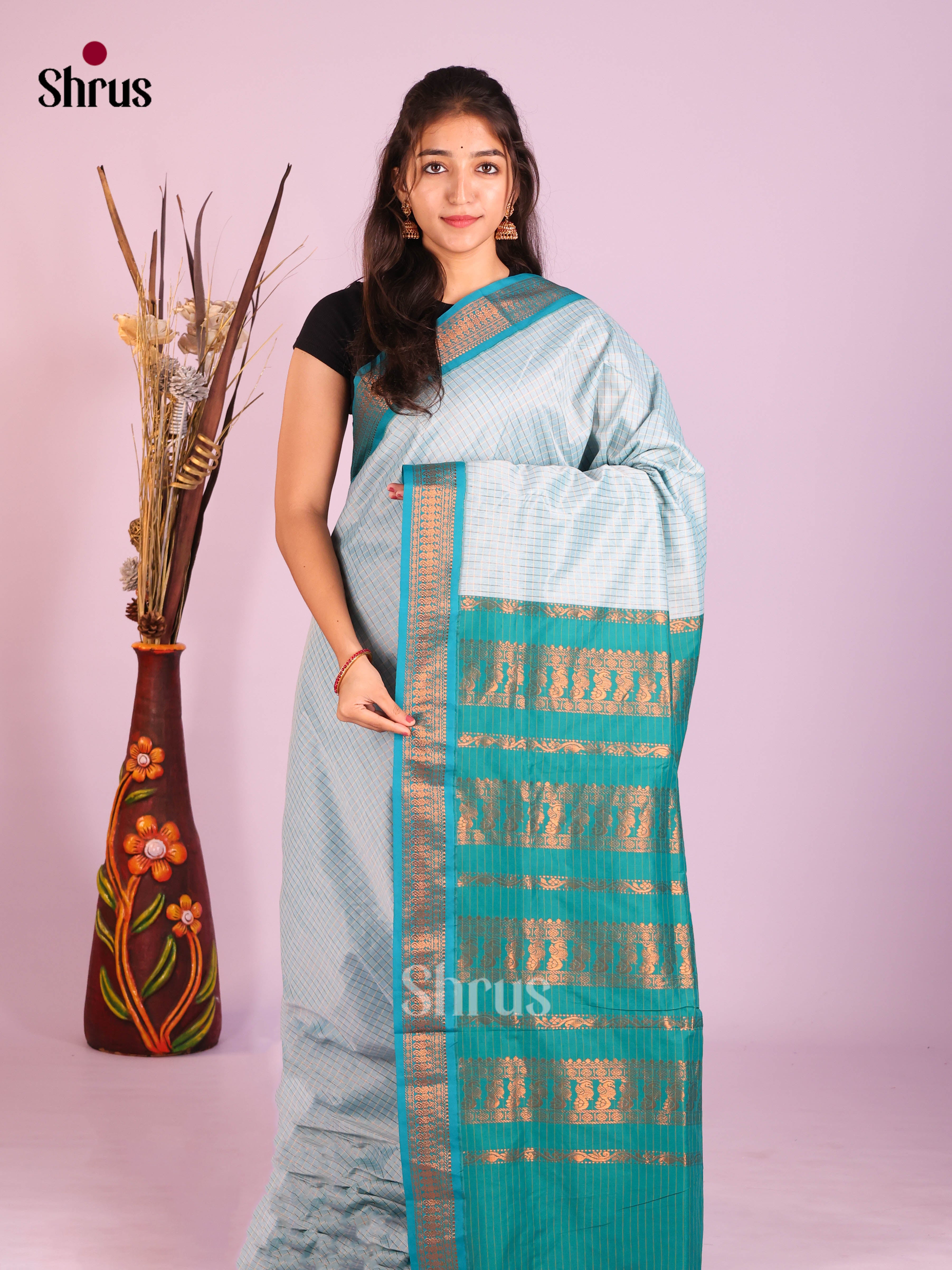 Pastel Blue & Teal - Kalyani Cotton Saree - Shop on Shrus.com
