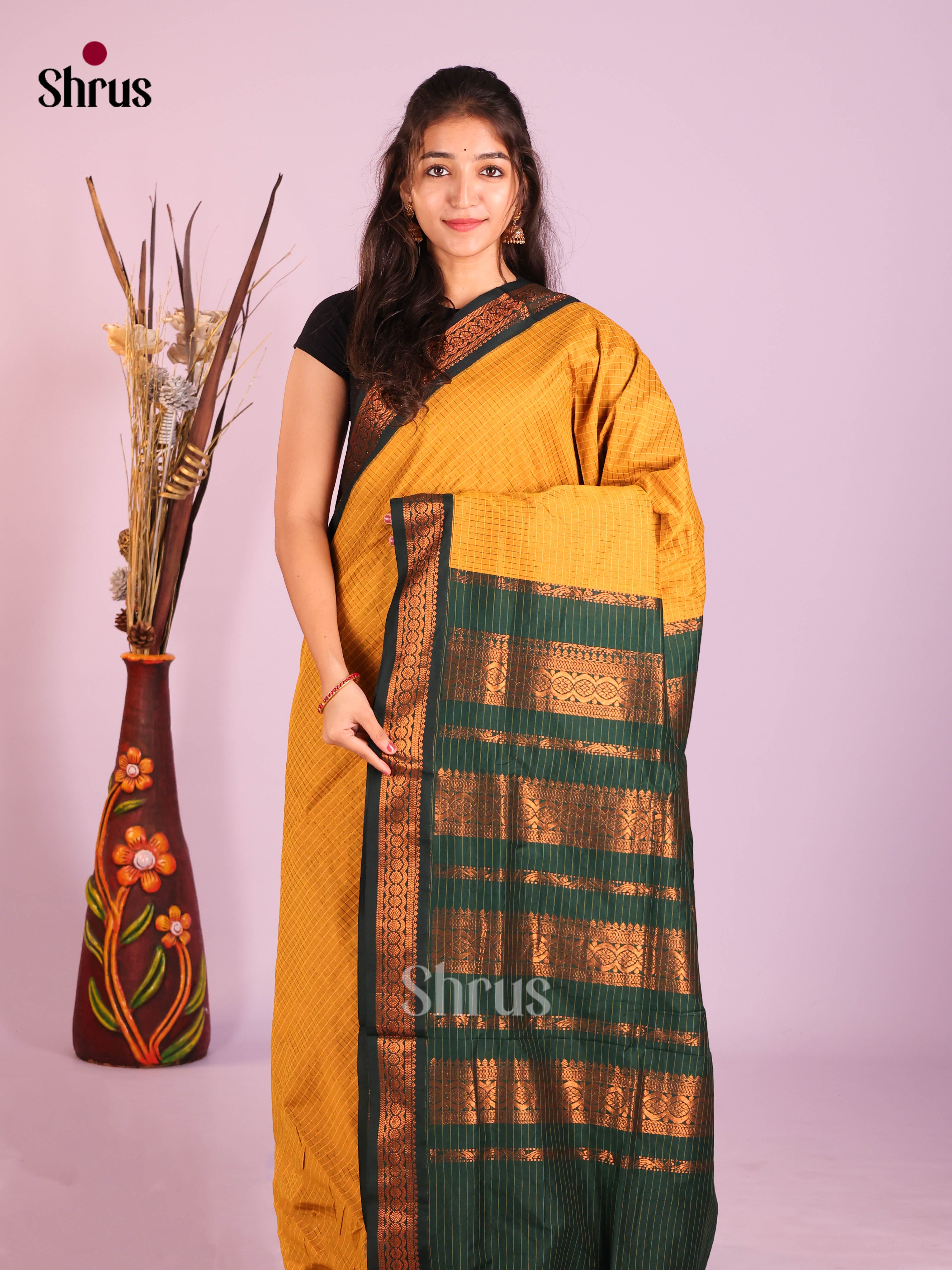 Mango Yellow & Green - Kalyani Cotton Saree - Shop on Shrus.com