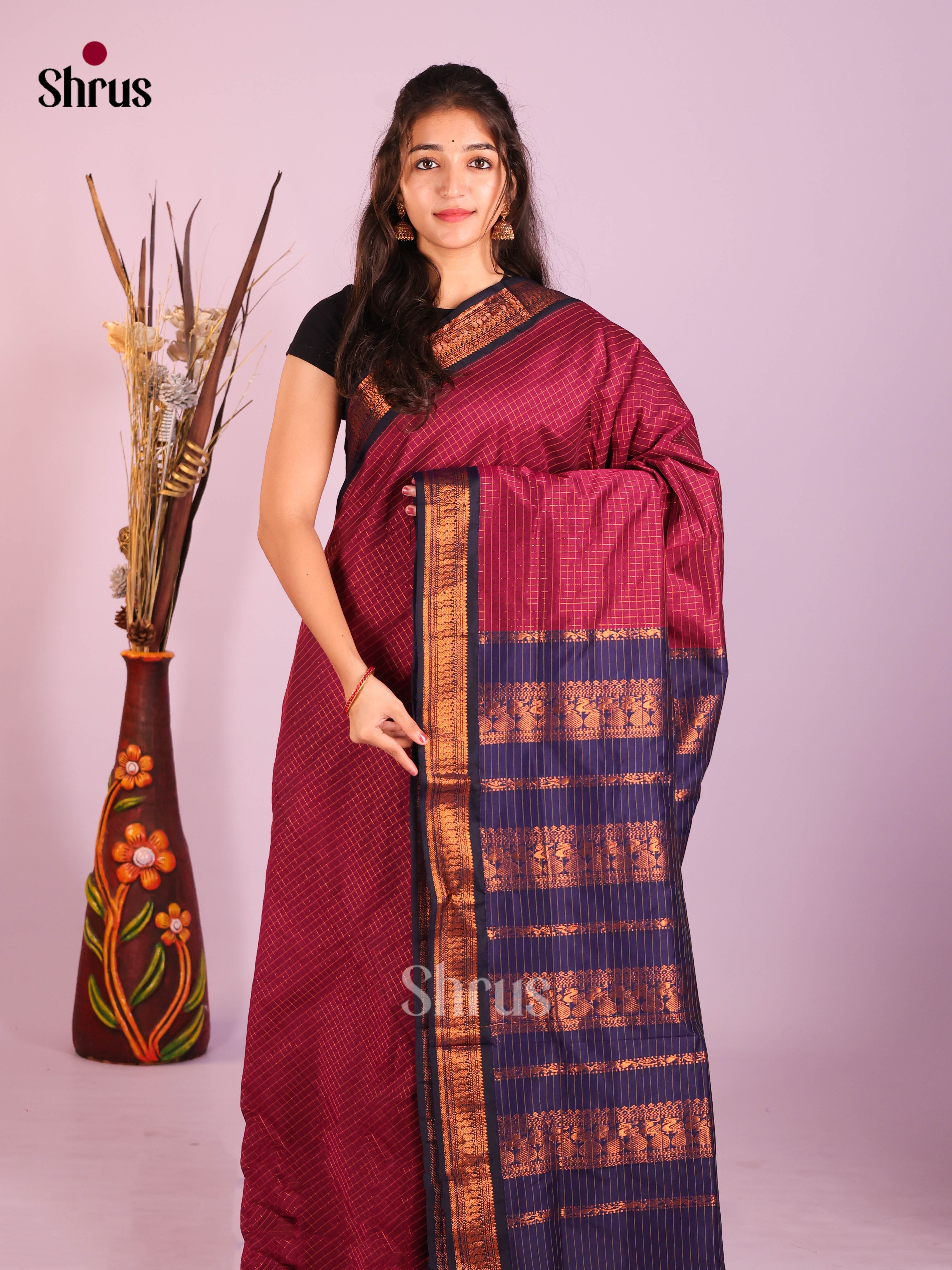 Maroon & Blue - Kalyani Cotton Saree - Shop on Shrus.com