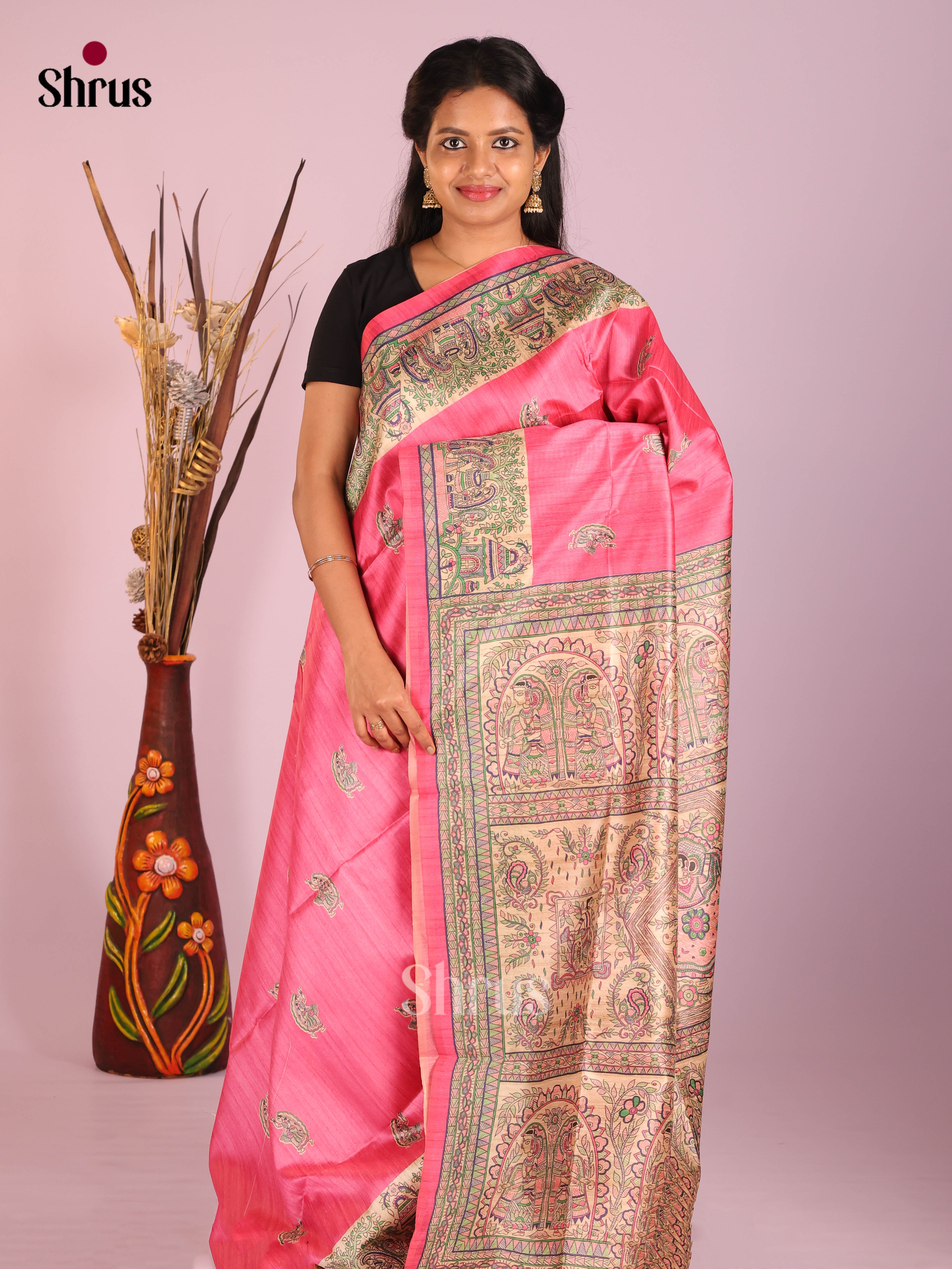 Pink & Cream - Printed Madhubani Saree