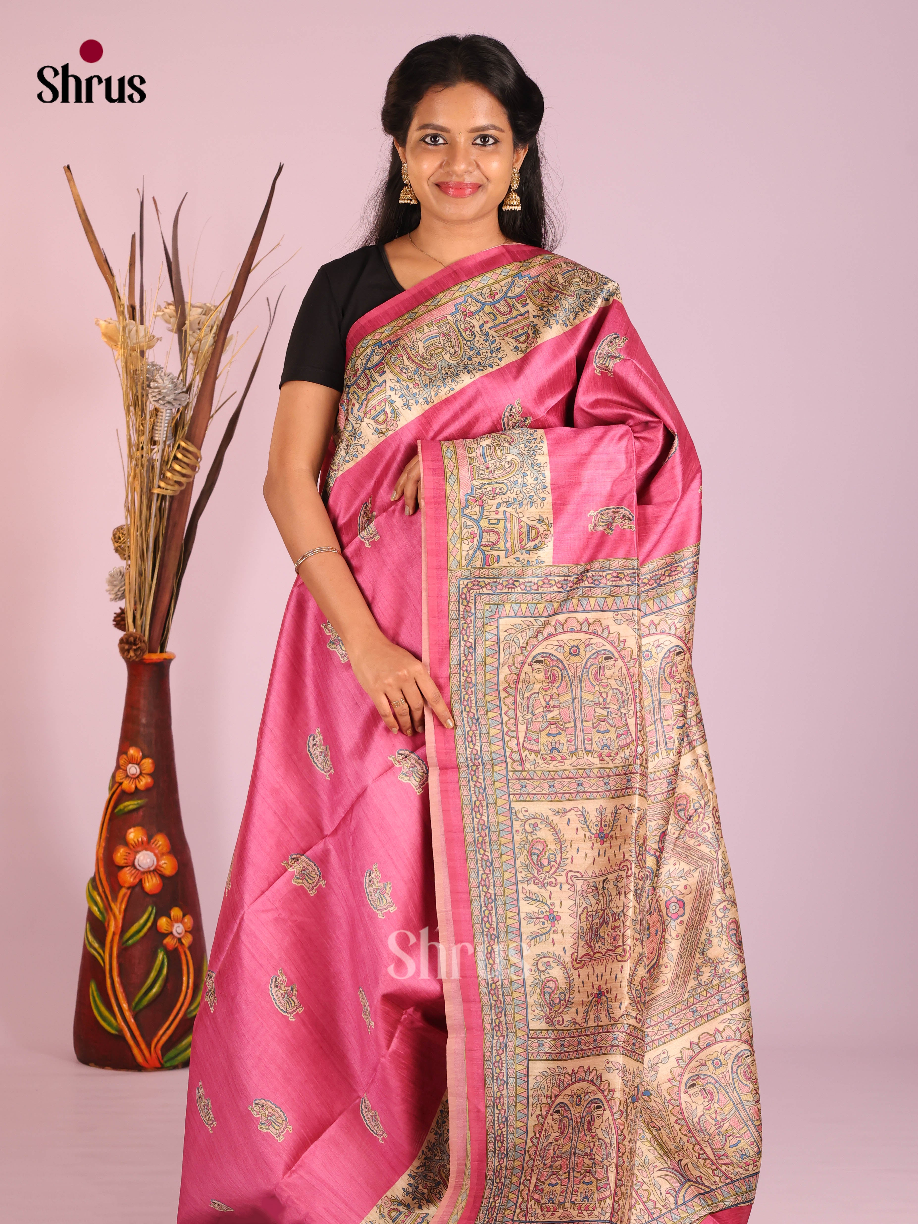 Pink & Cream - Printed Madhubani Saree
