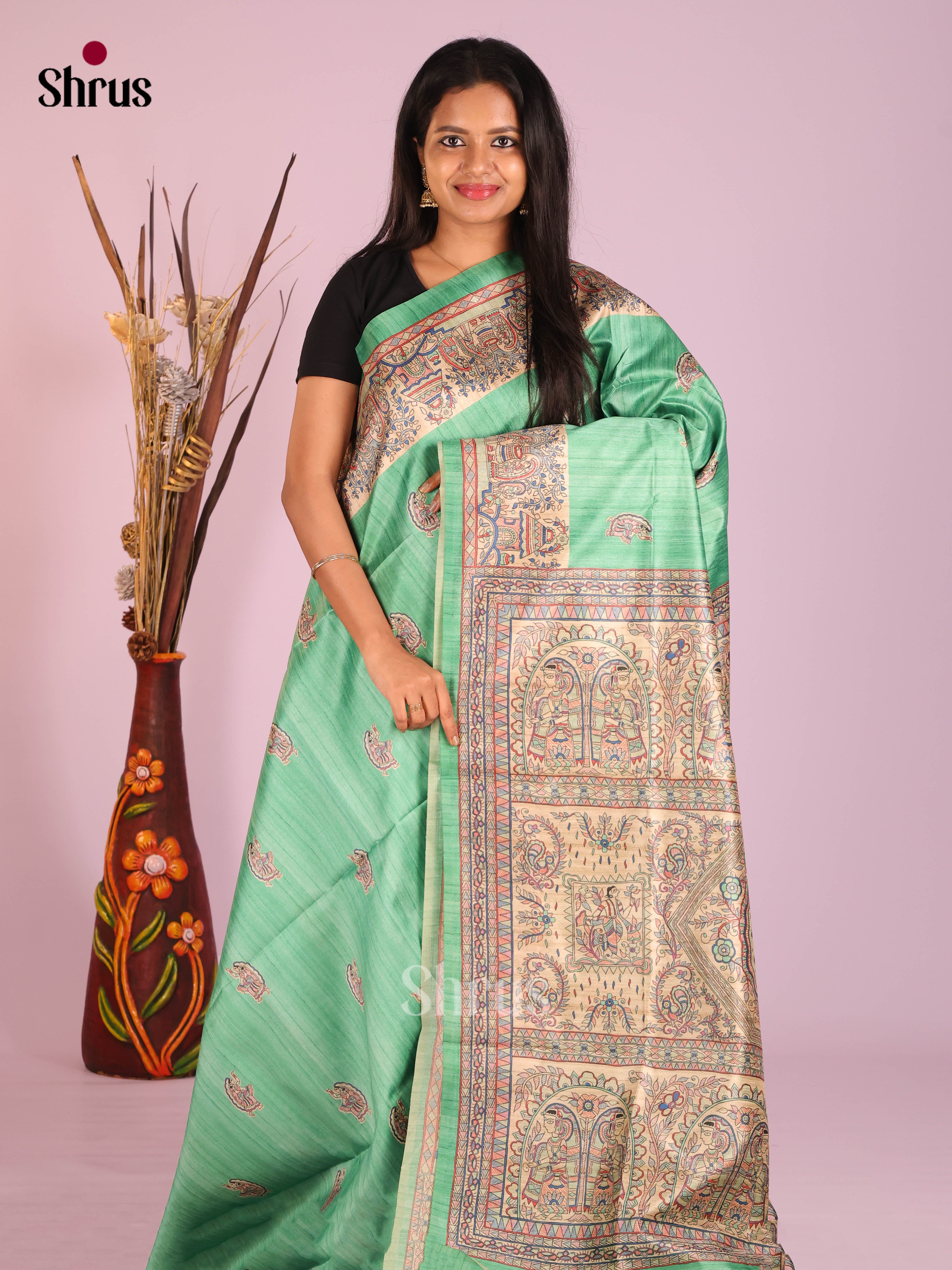 Pista Green & Cream - Printed Madhubani Saree