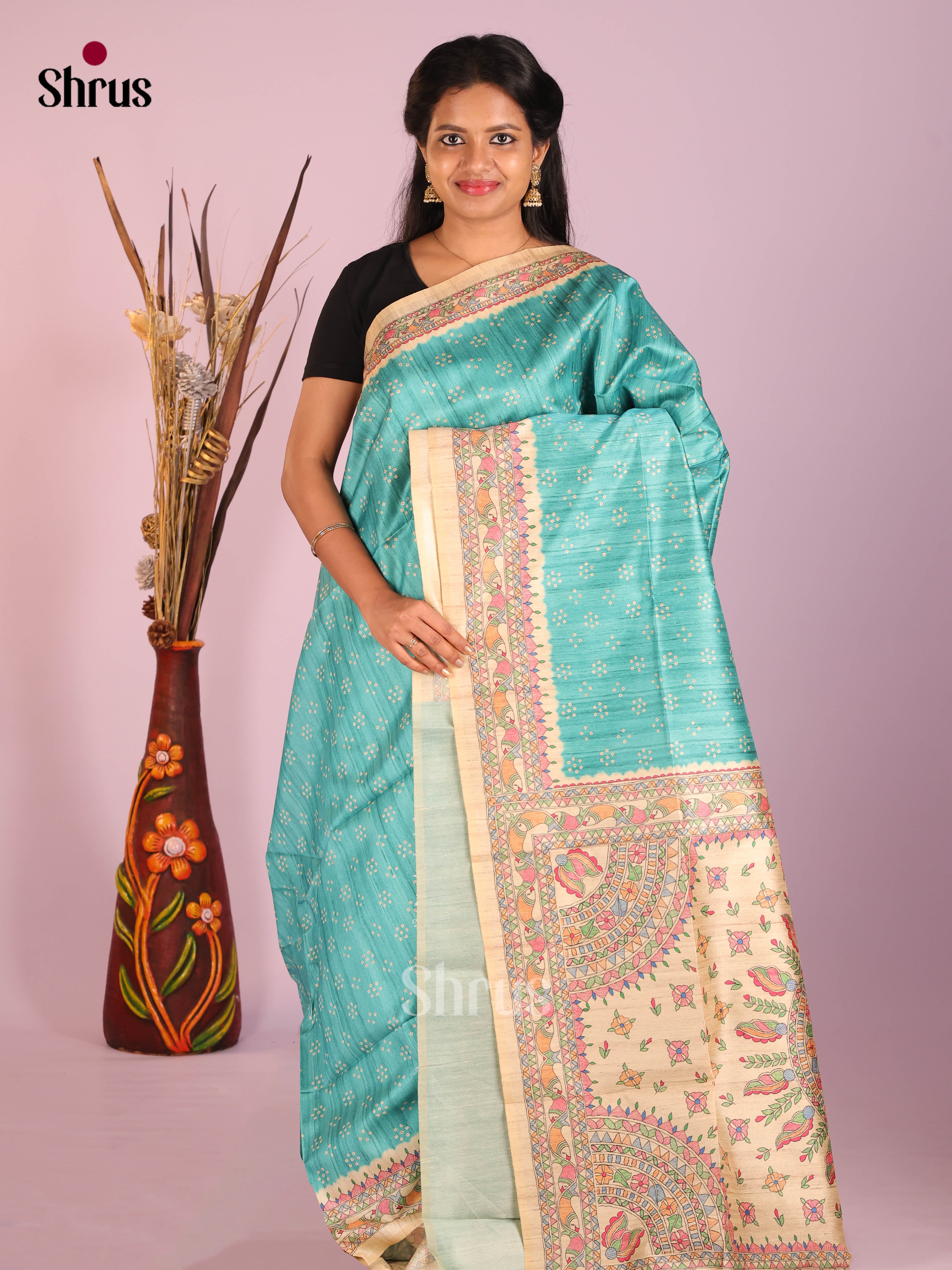 Pastel Blue & Cream - Printed Madhubani Saree