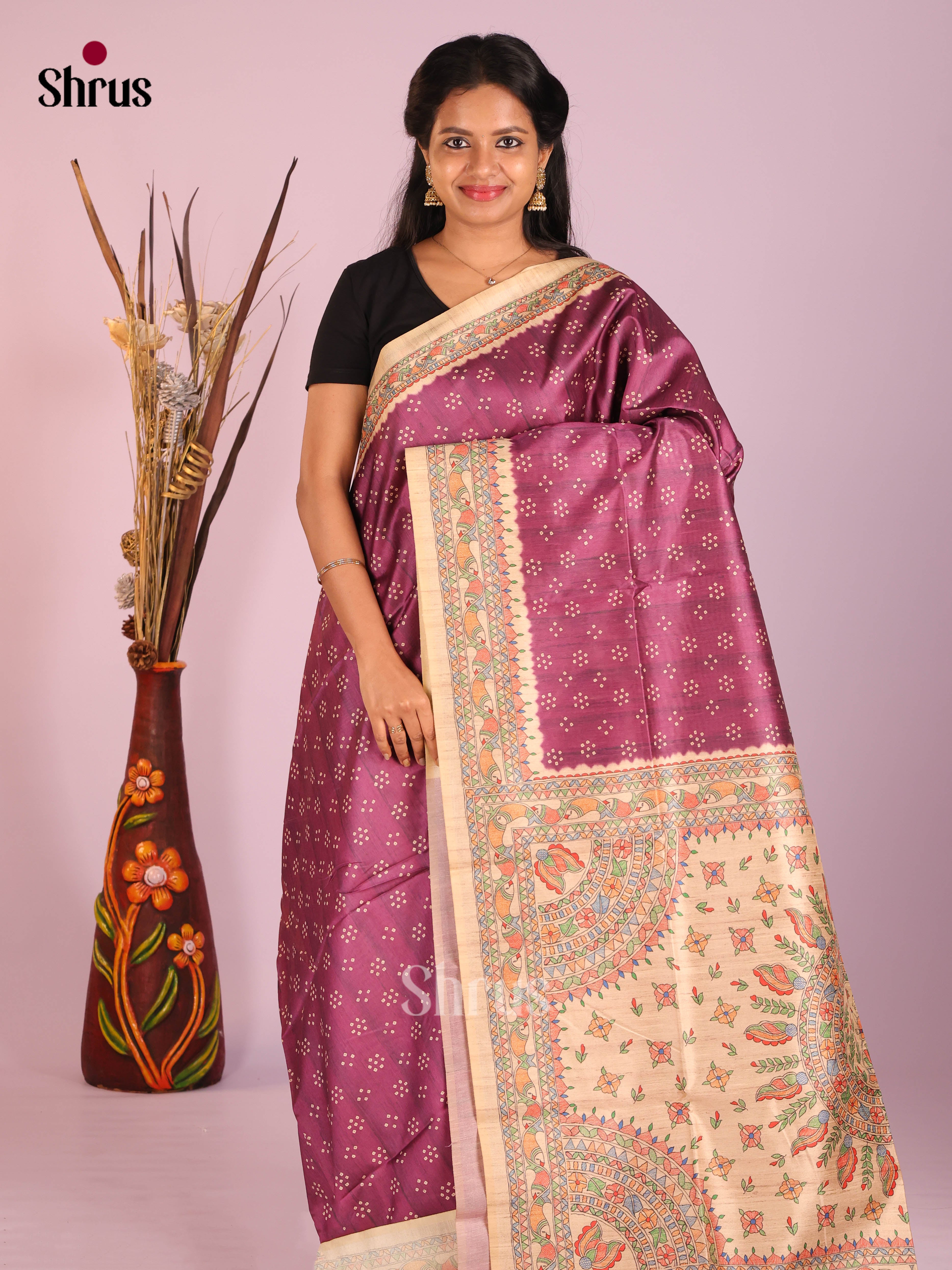 Purple & Cream - Printed Madhubani Saree