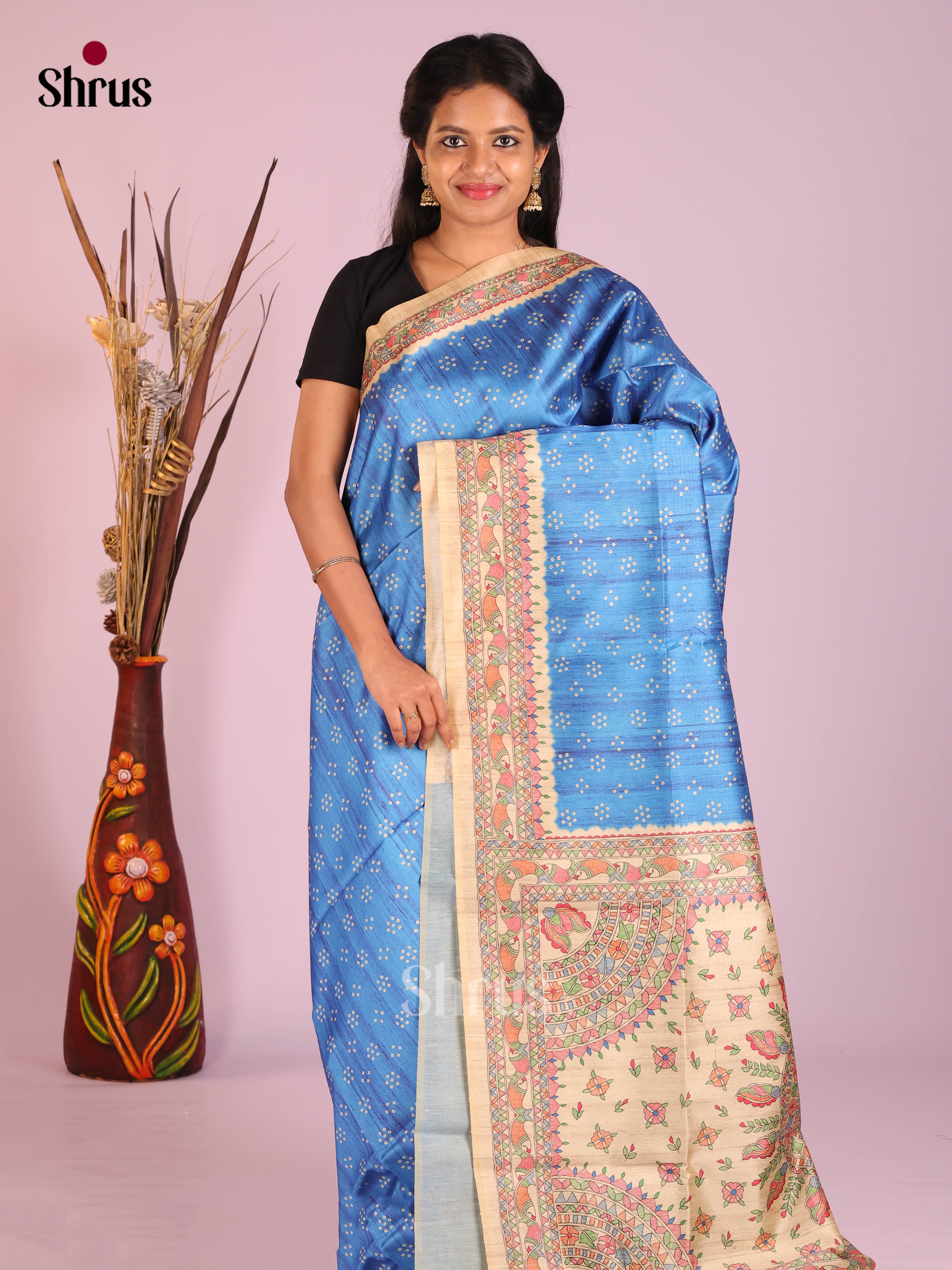 Blue & Cream - Printed Madhubani Saree