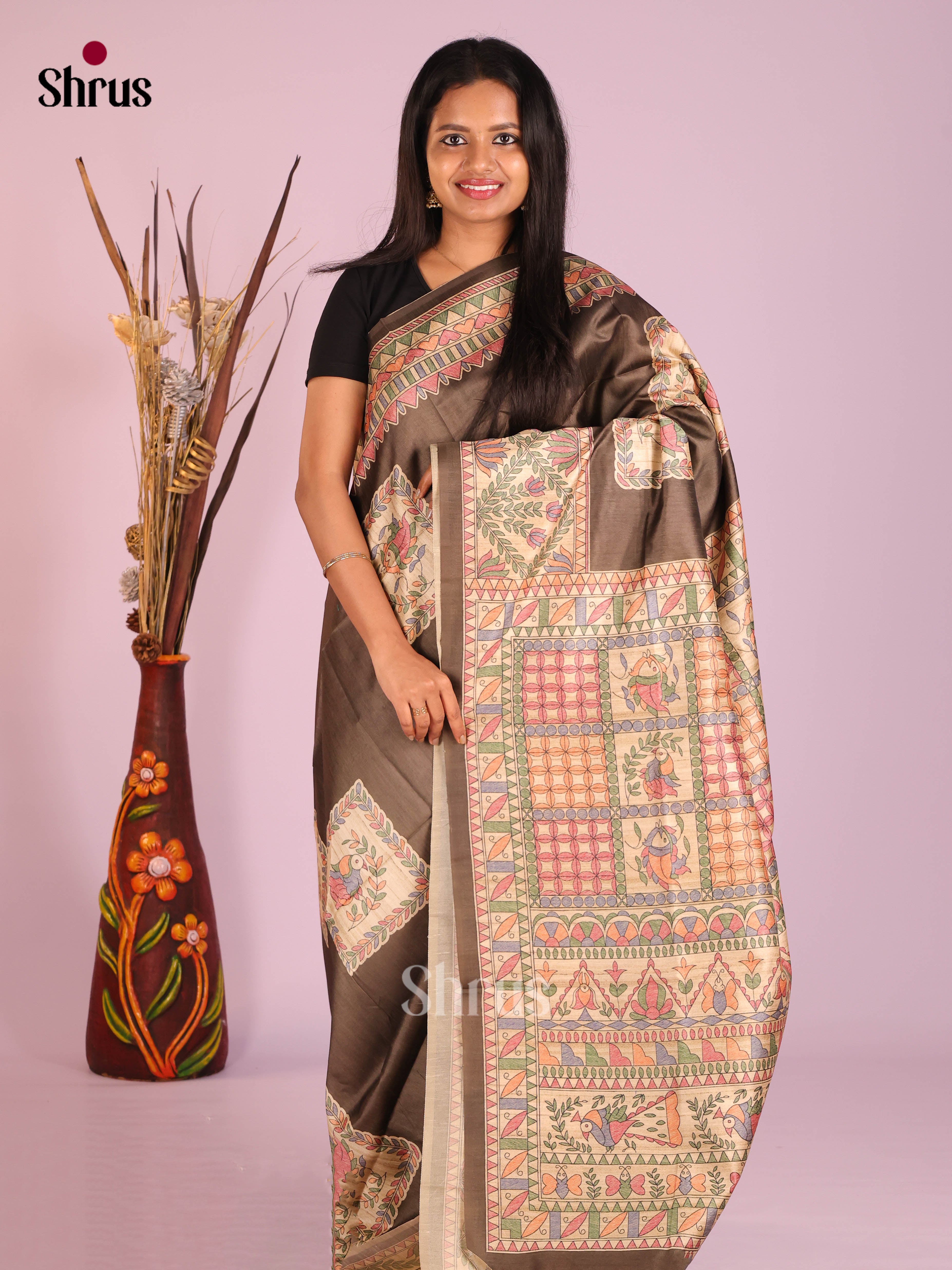 Brown & Cream - Printed Madhubani Saree