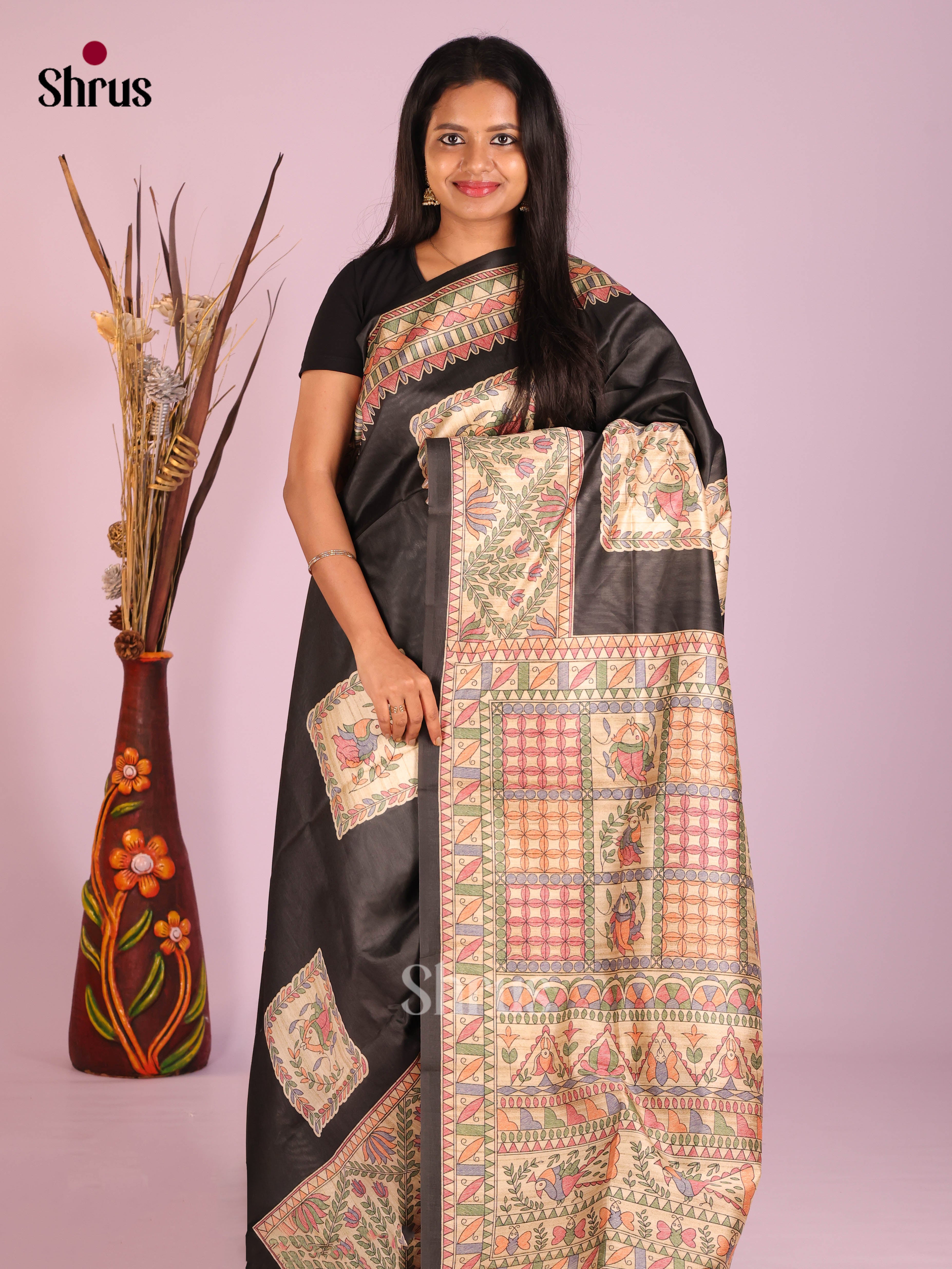Black & Cream - Printed Madhubani Saree