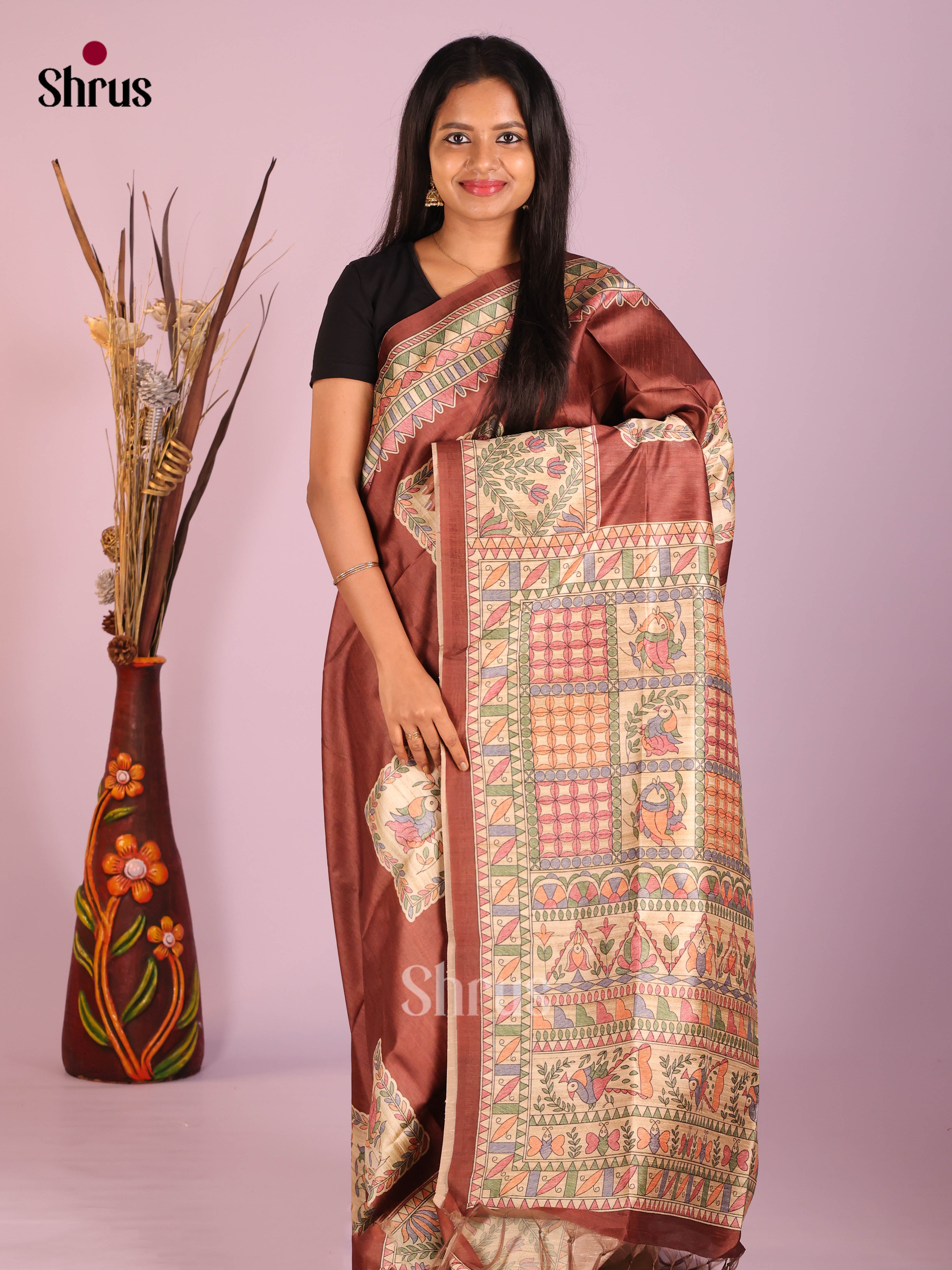 Arakku Maroon & Cream - Printed Madhubani Saree