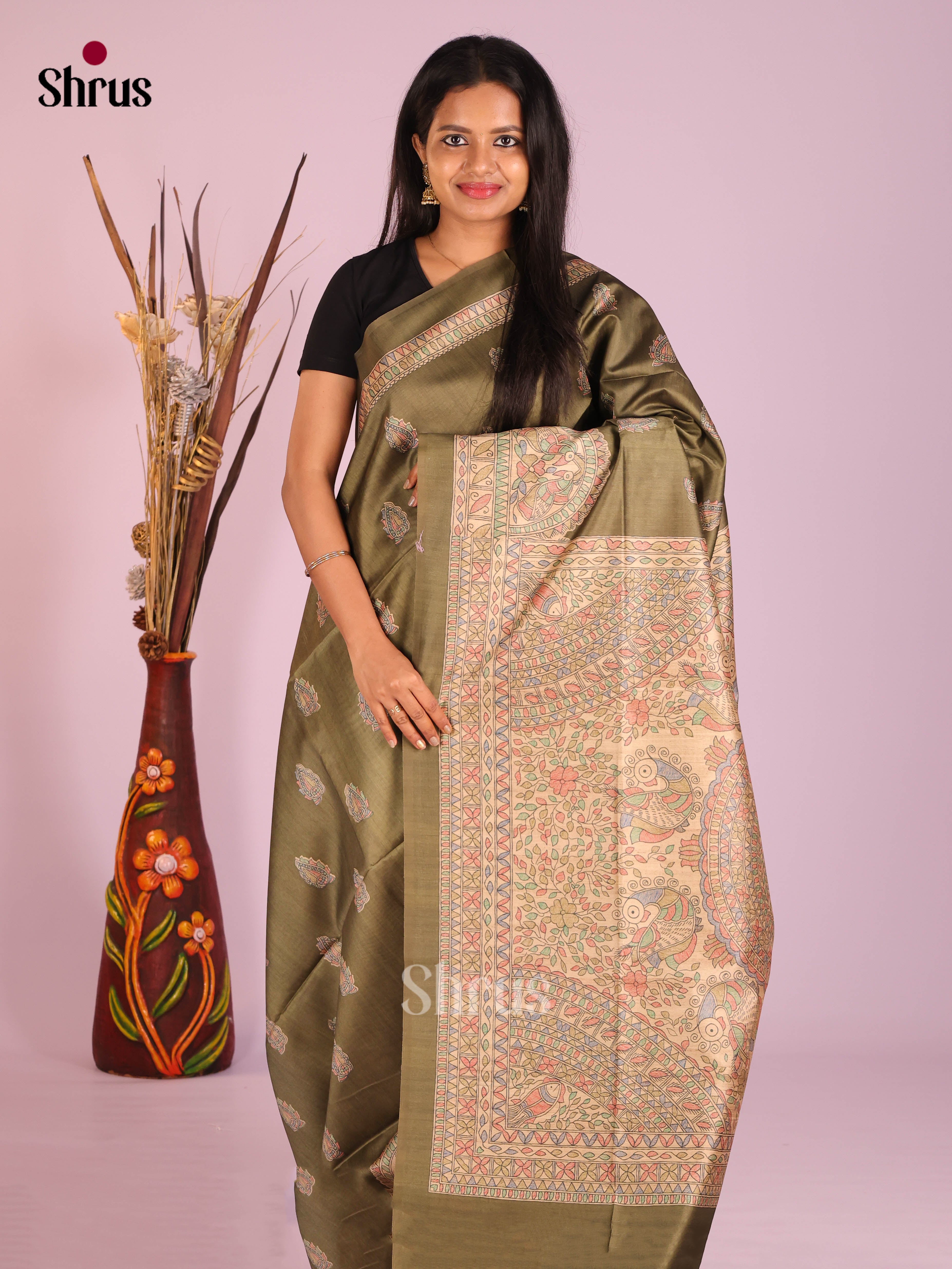 Chutney  Green & Cream - Printed Madhubani Saree