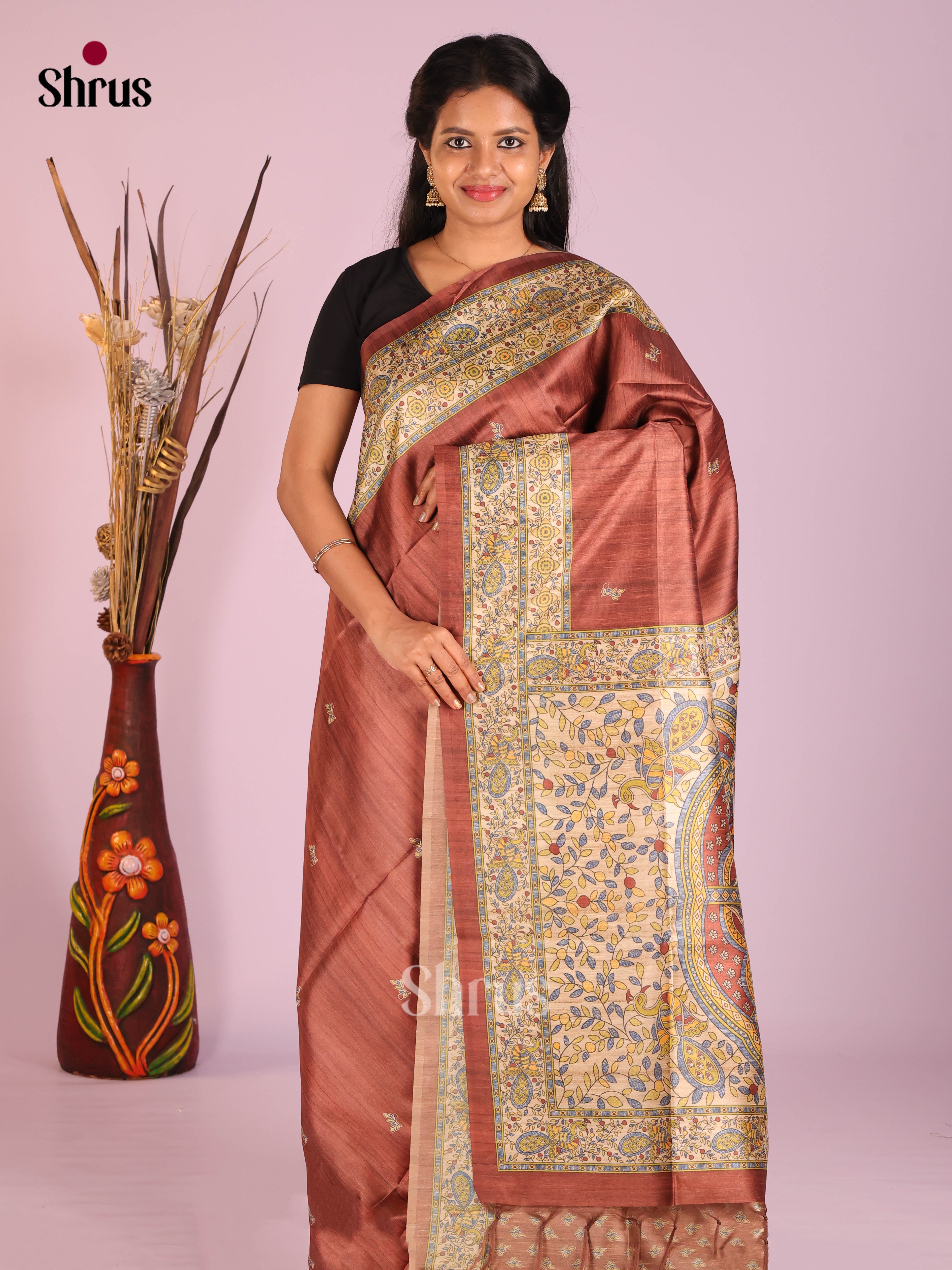 Brown - Printed Madhubani Saree