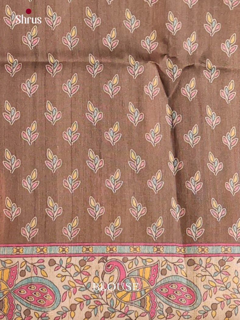 Brown & Cream - Printed Madhubani Saree