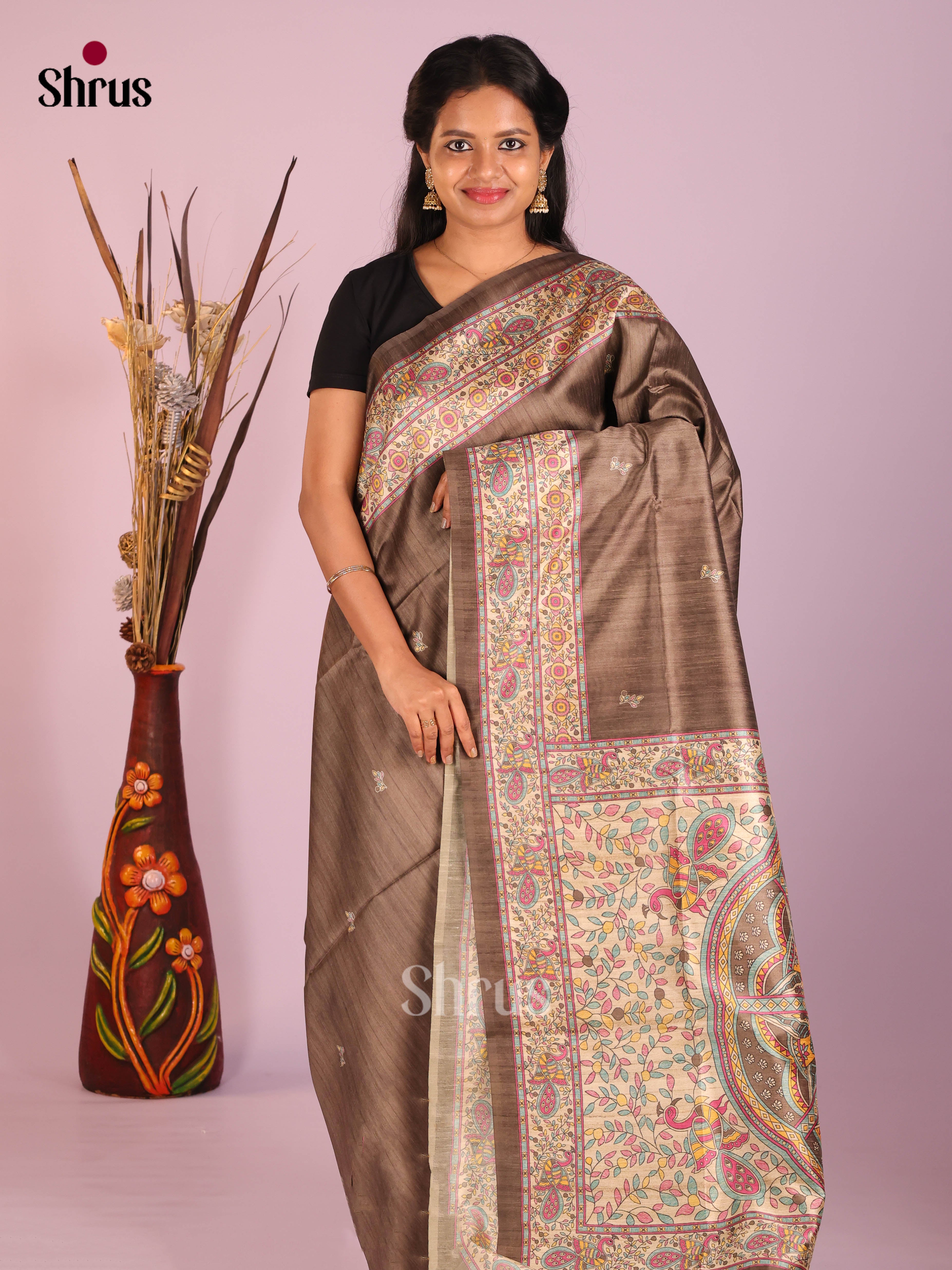Brown & Cream - Printed Madhubani Saree