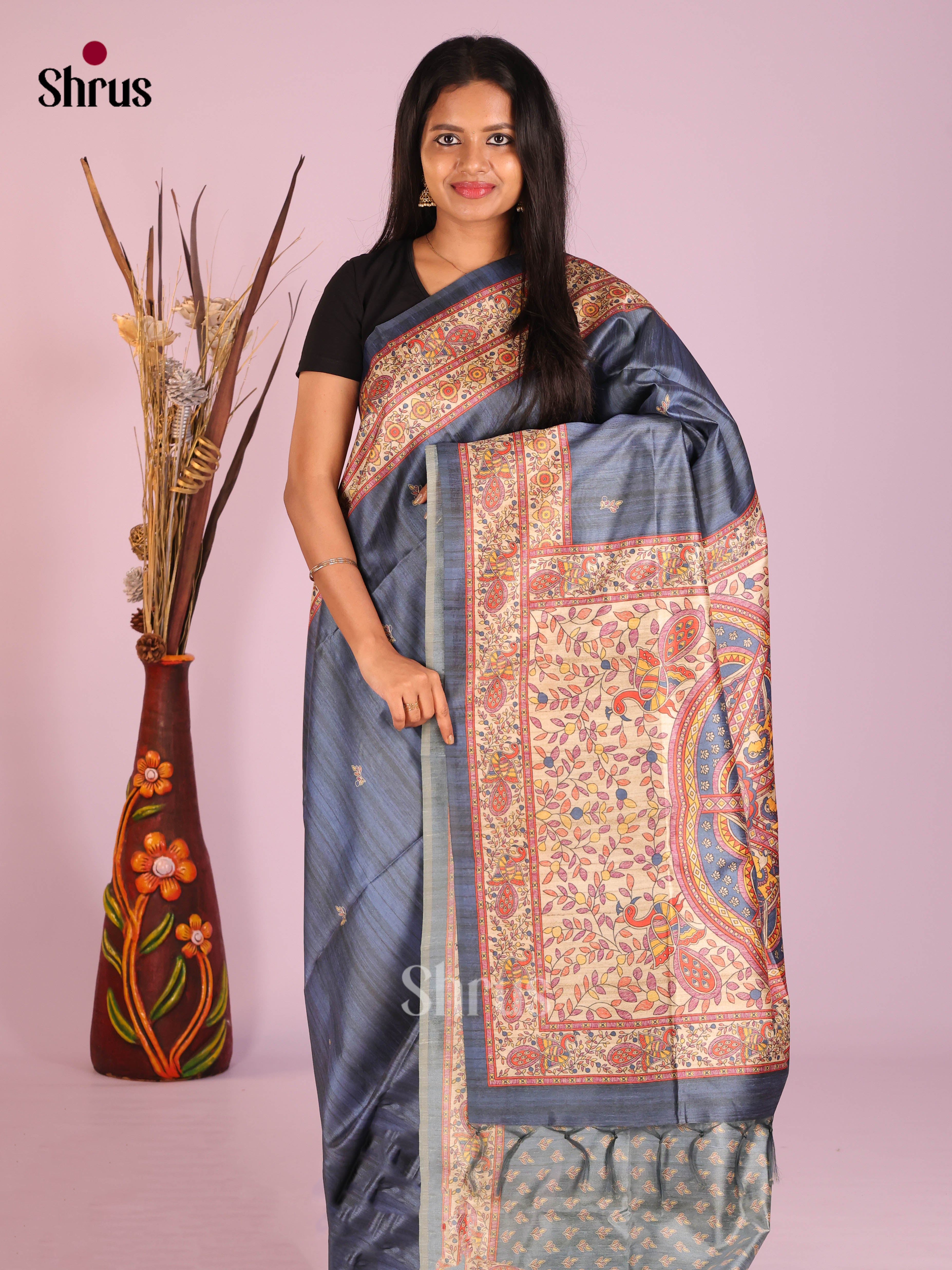 Blue &  Cream - Printed Madhubani Saree