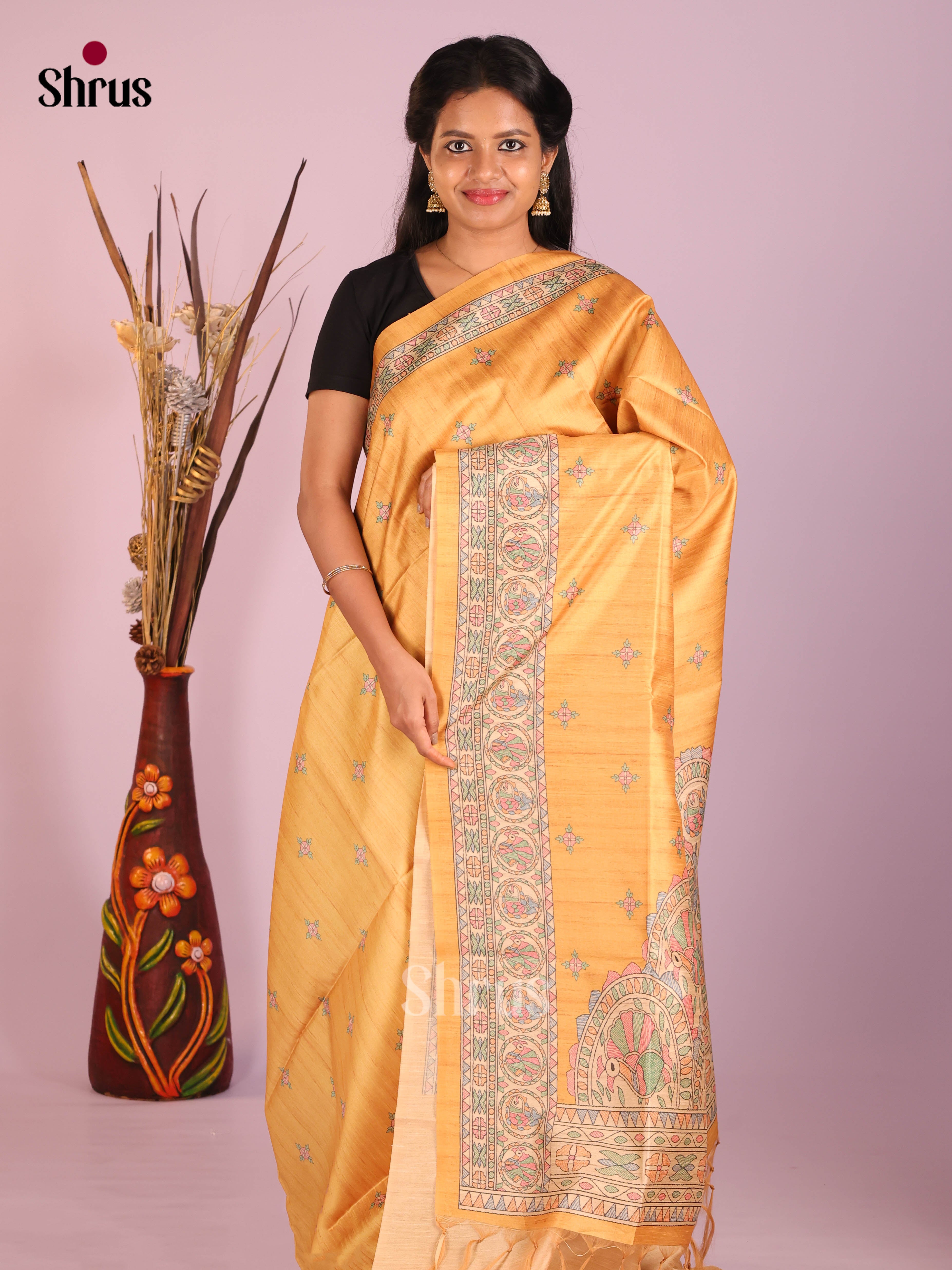 Mustard & Cream - Printed Madhubani Saree