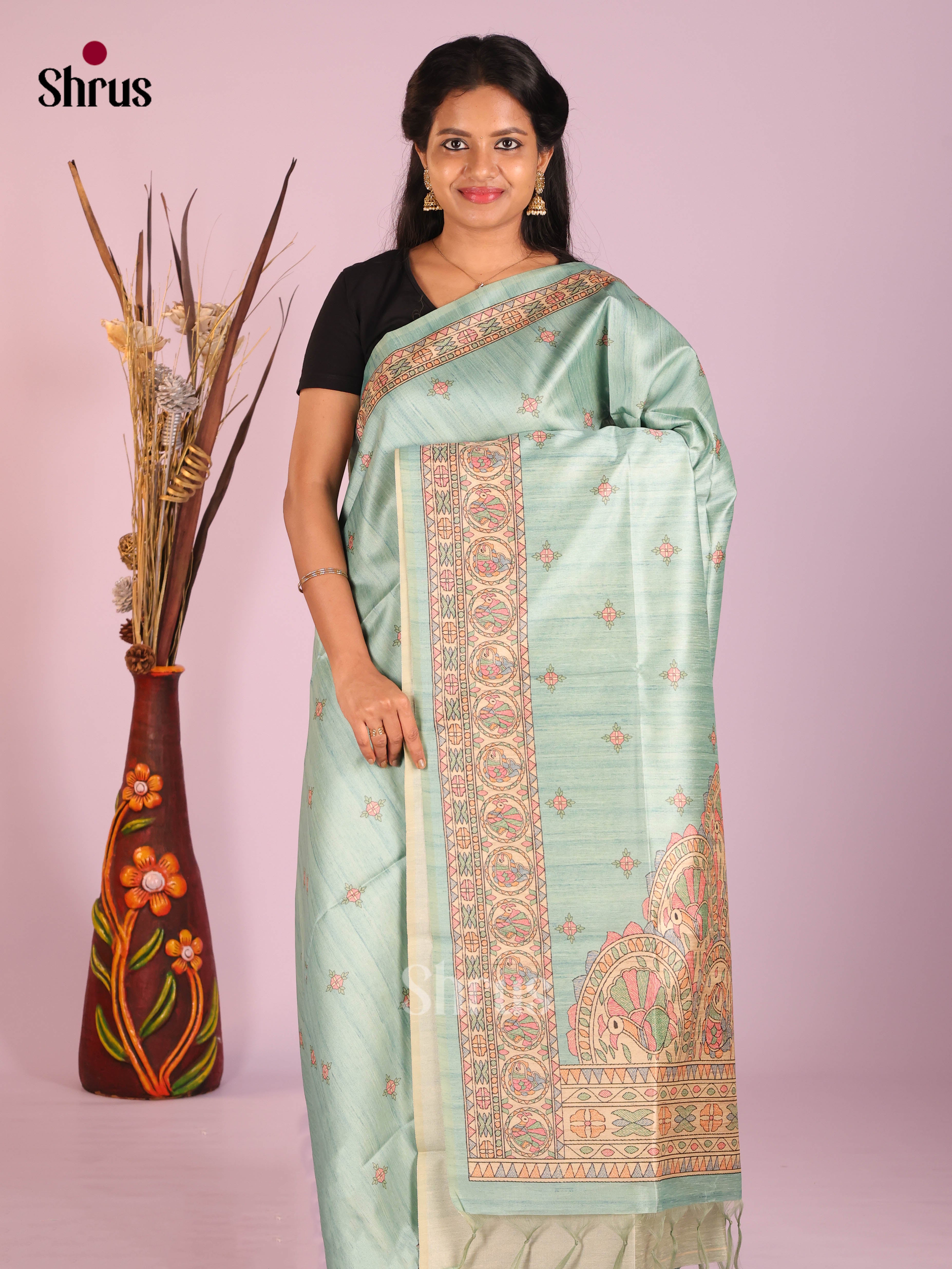 Aqua Green & Cream - Printed Madhubani Saree