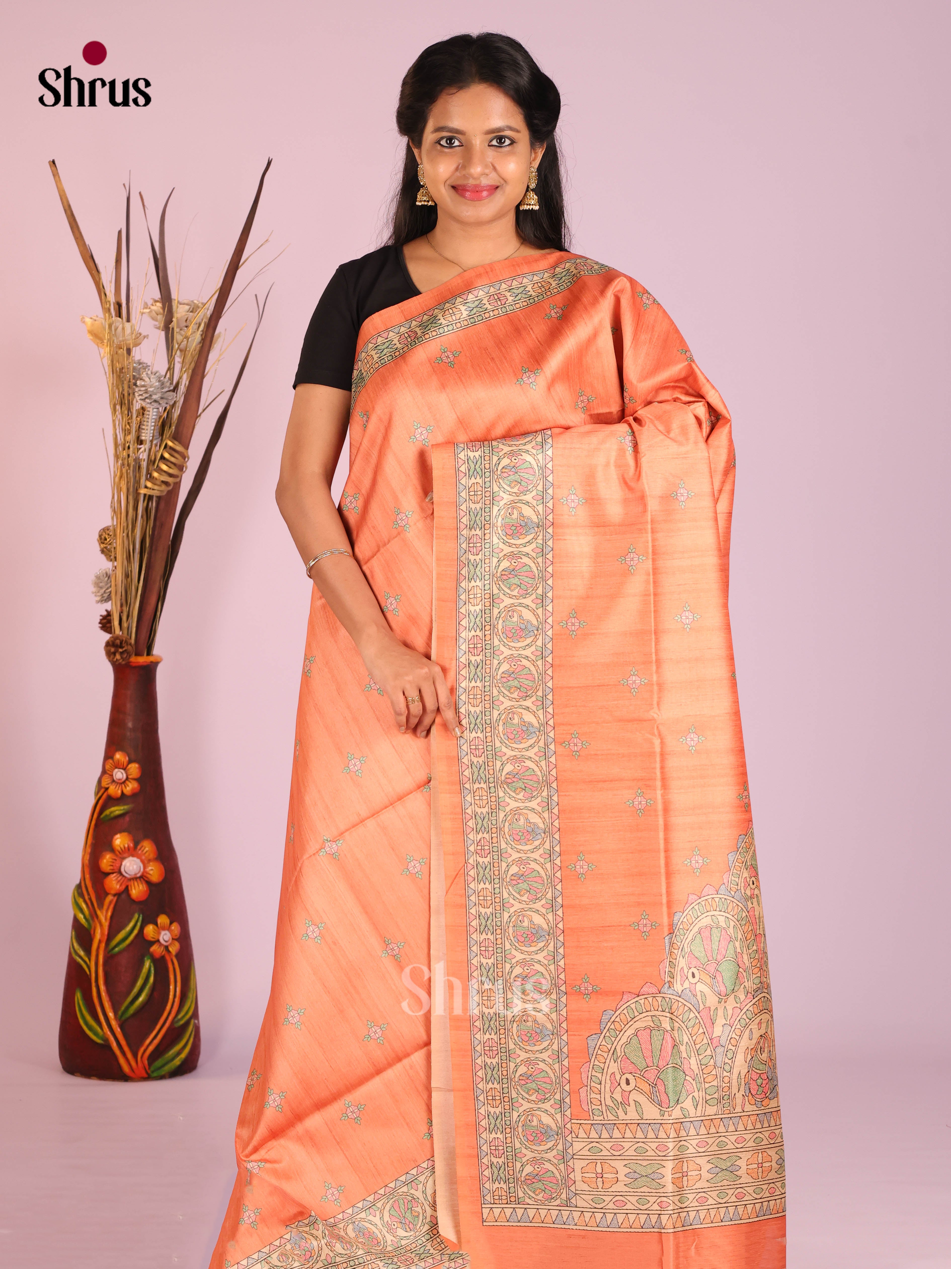 Orange & Cream - Printed Madhubani Saree
