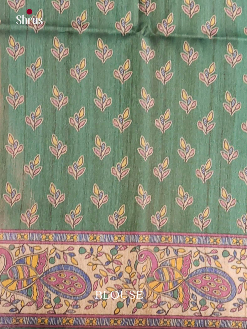 Green & Cream - Printed Madhubani Saree