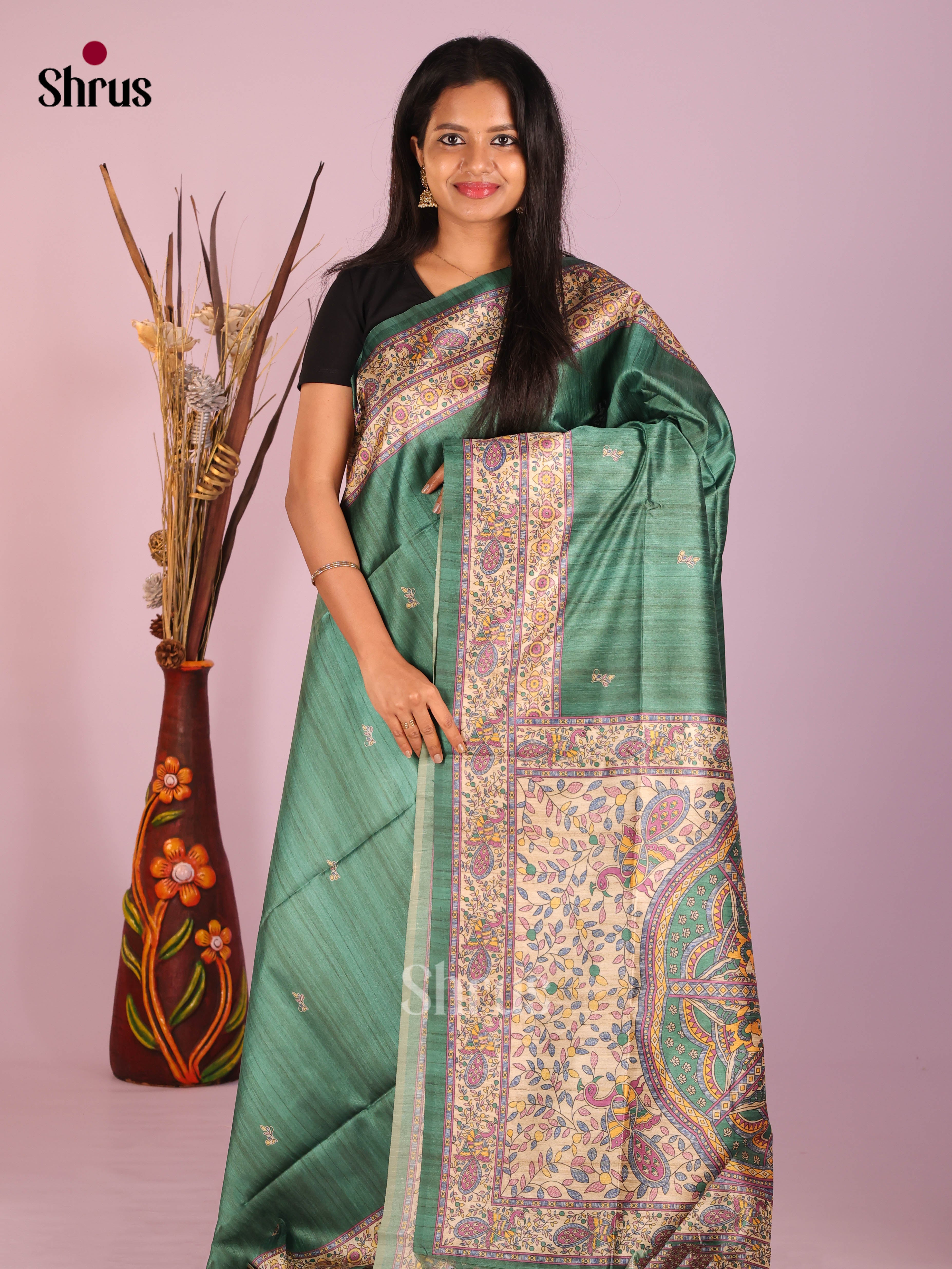 Green & Cream - Printed Madhubani Saree