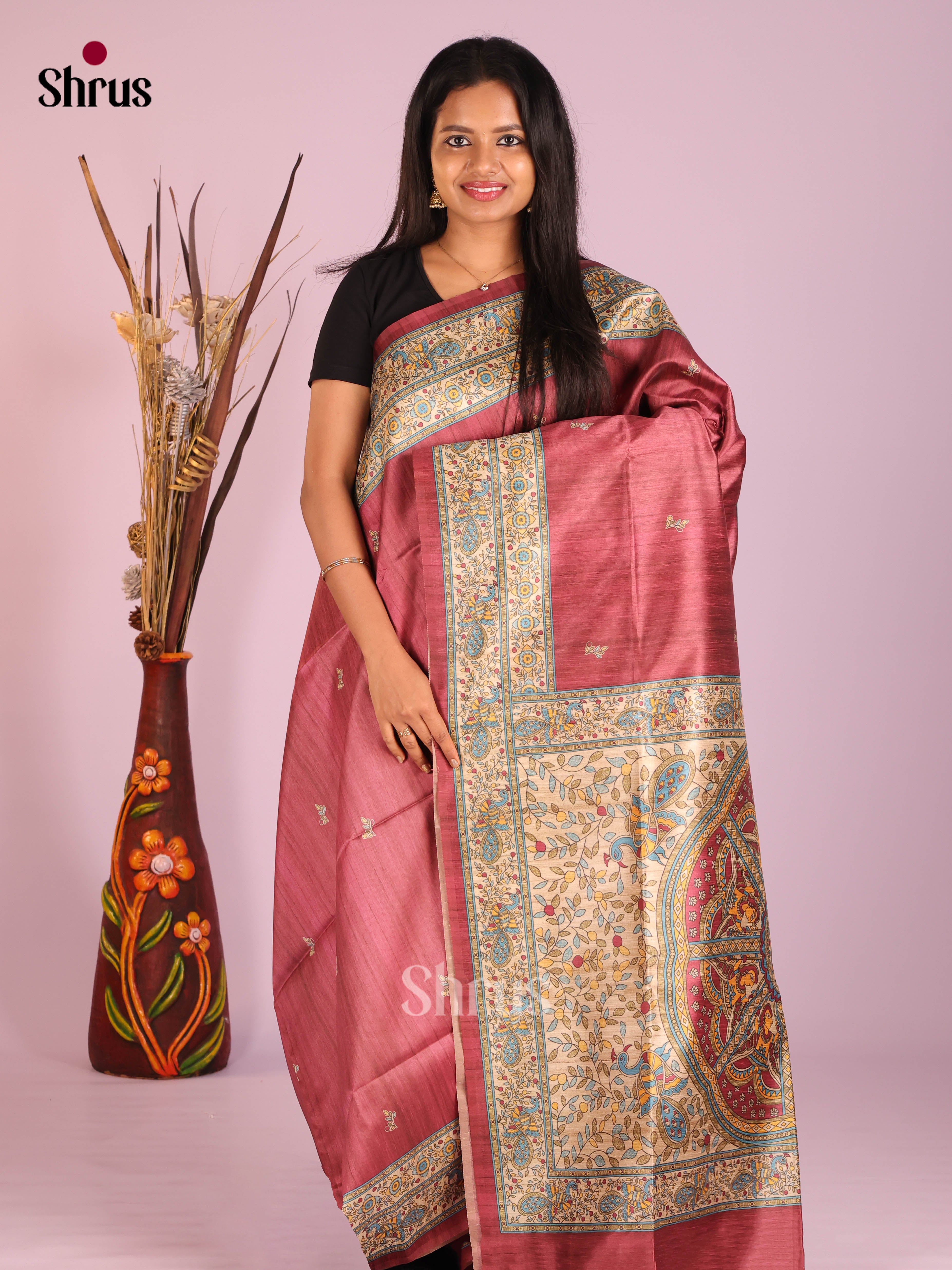 Maroon & Cream - Printed Madhubani Saree