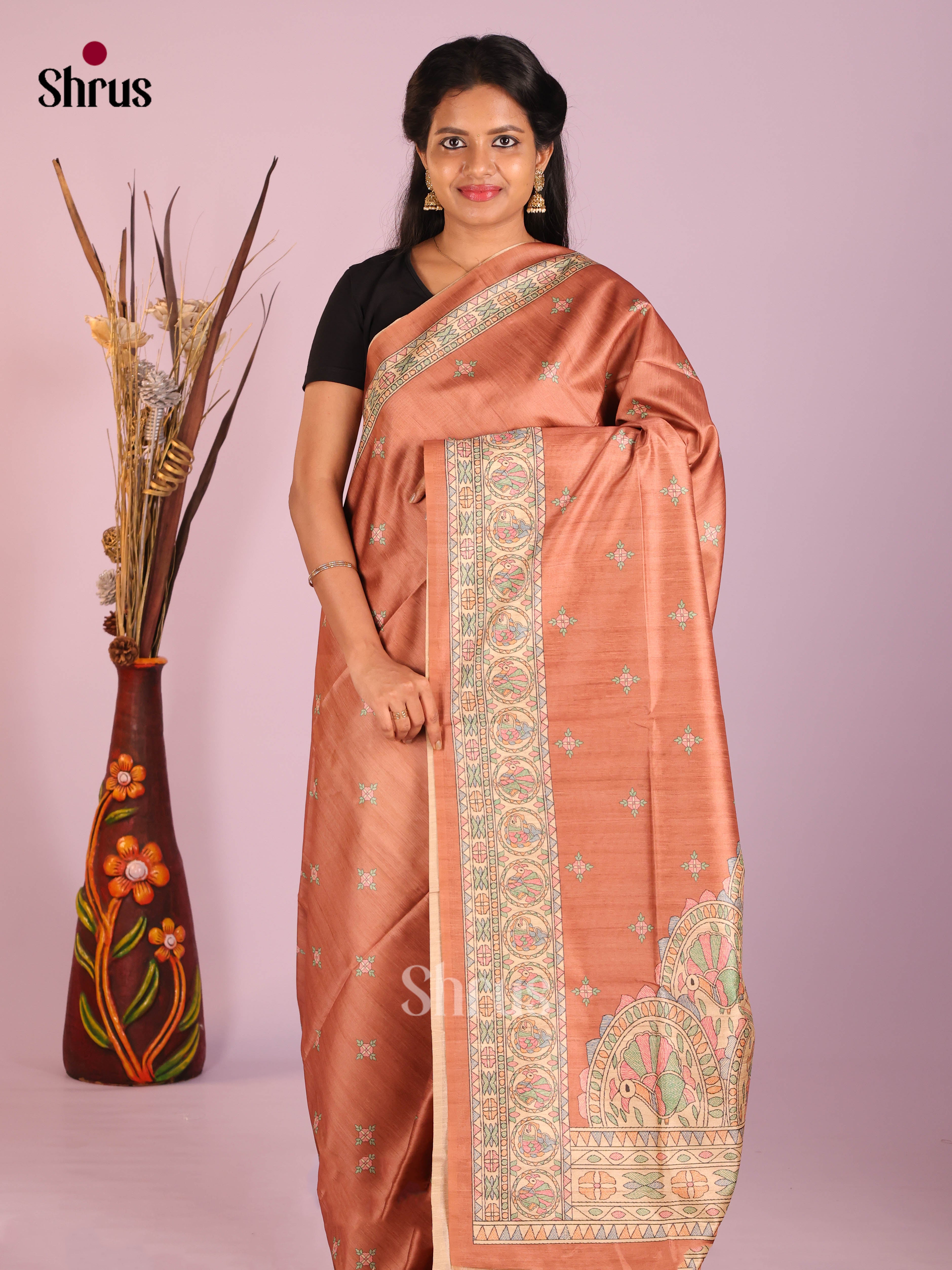 Onion Peel & Cream - Printed Madhubani Saree